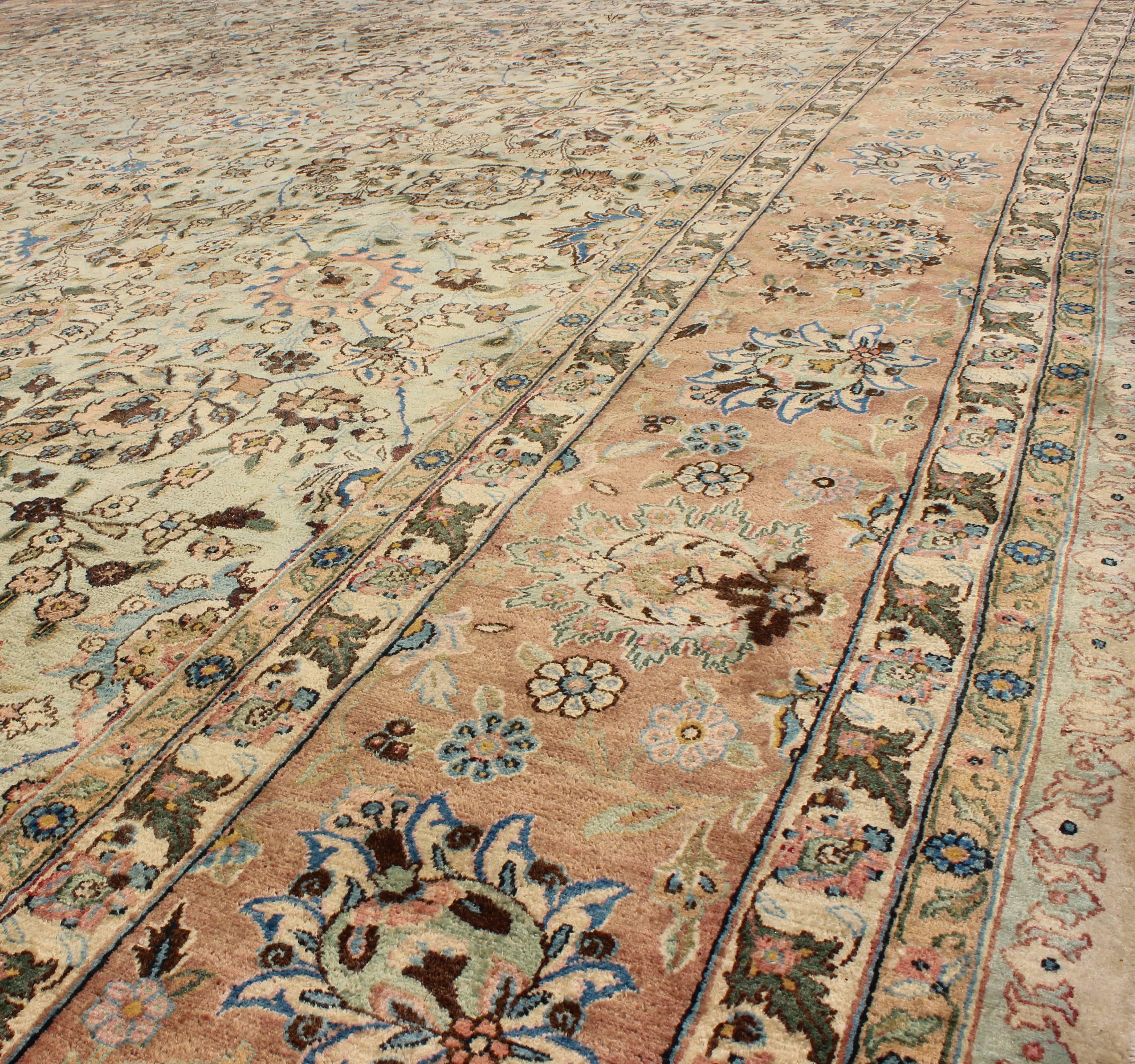 Vintage Persian Tabriz Rug, Intricate Floral Design in Light Green and Salmon In Excellent Condition In Atlanta, GA