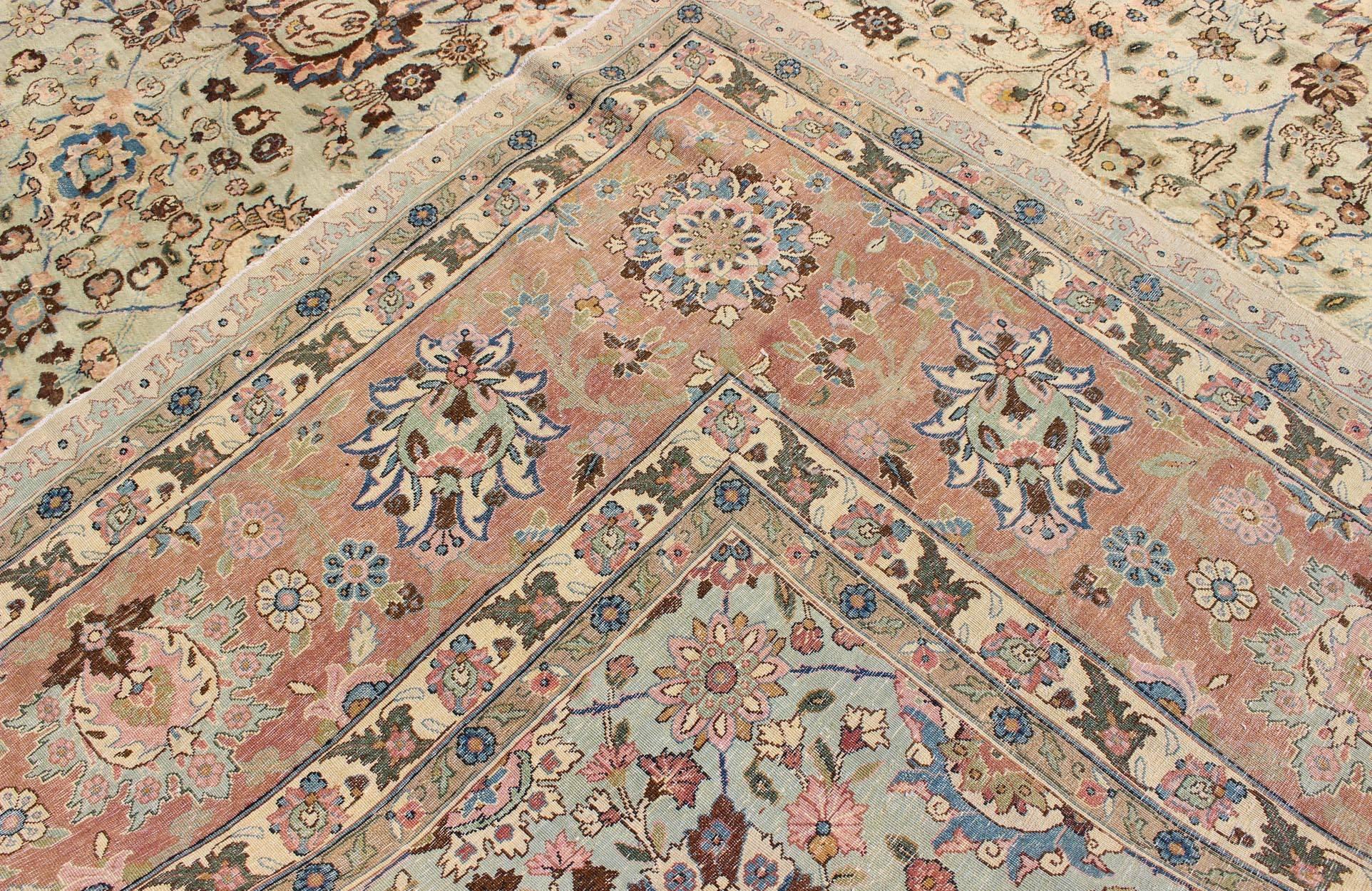 Wool Vintage Persian Tabriz Rug, Intricate Floral Design in Light Green and Salmon