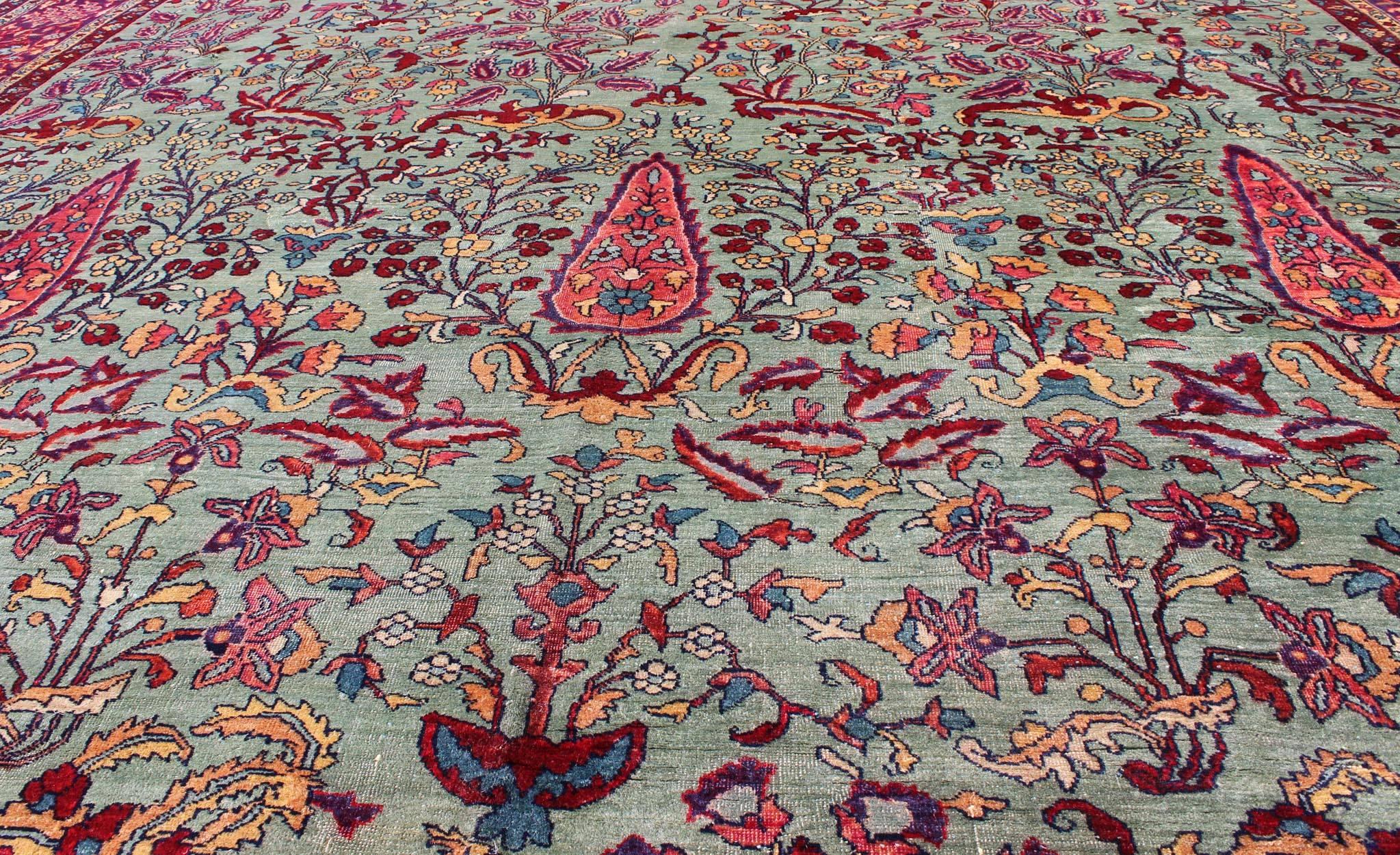 Antique Agra Rug with Branching Floral Design in Mint Green, Purple and Burgundy In Excellent Condition For Sale In Atlanta, GA