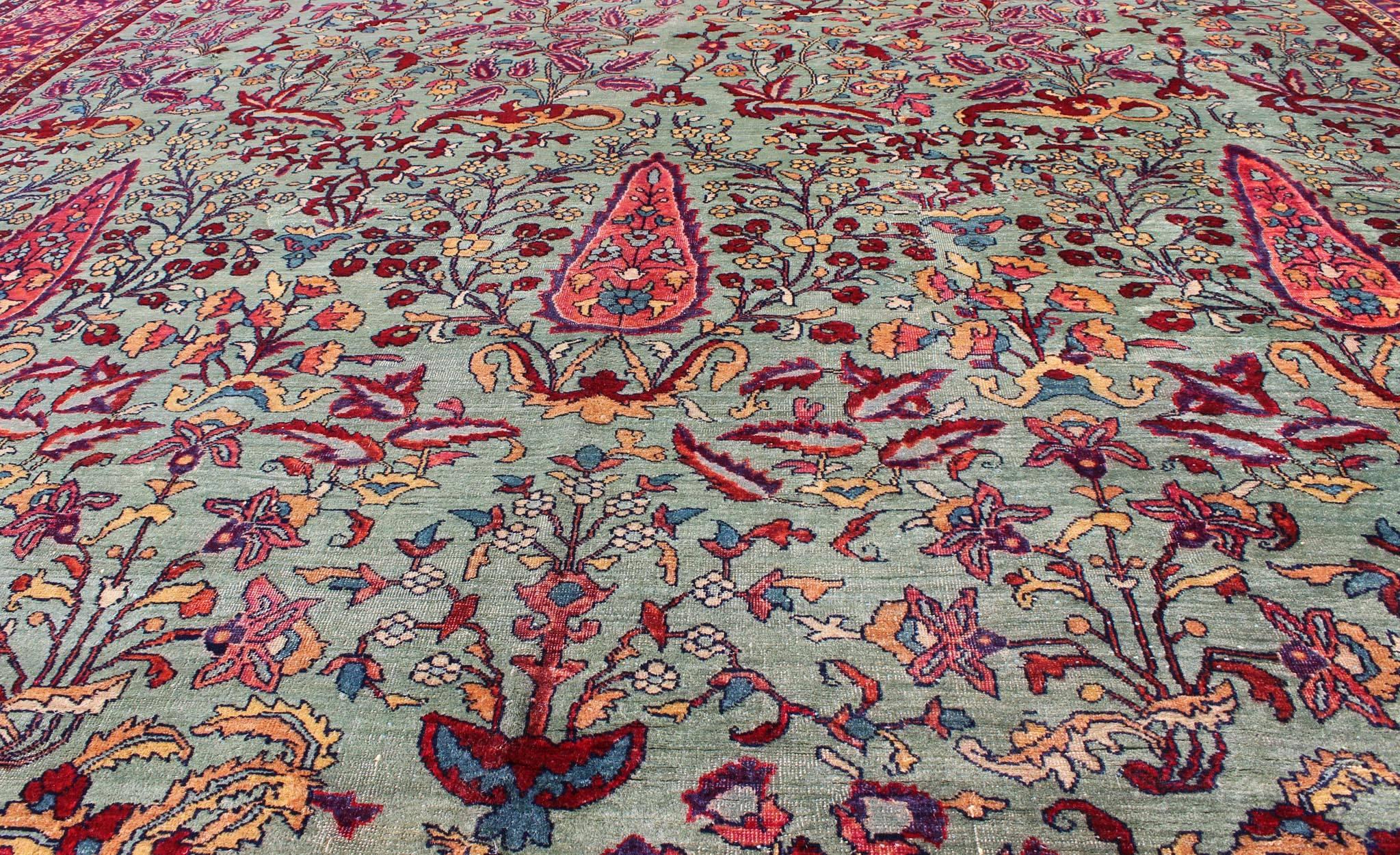 Antique Agra Rug with Branching Floral Design in Mint Green, Purple and Burgundy In Excellent Condition For Sale In Atlanta, GA