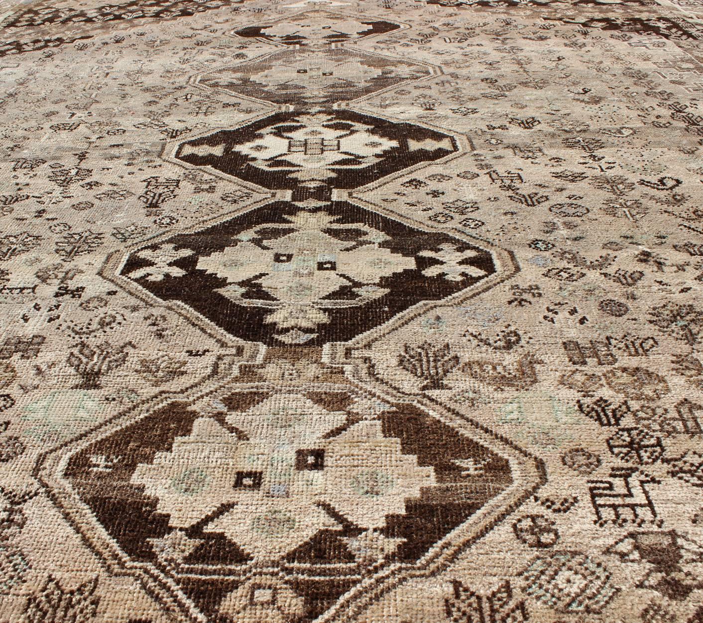 Tribal Brown/Taupe Vintage Persian Shiraz Rug with Vertical Sub-Geometric Medallions For Sale