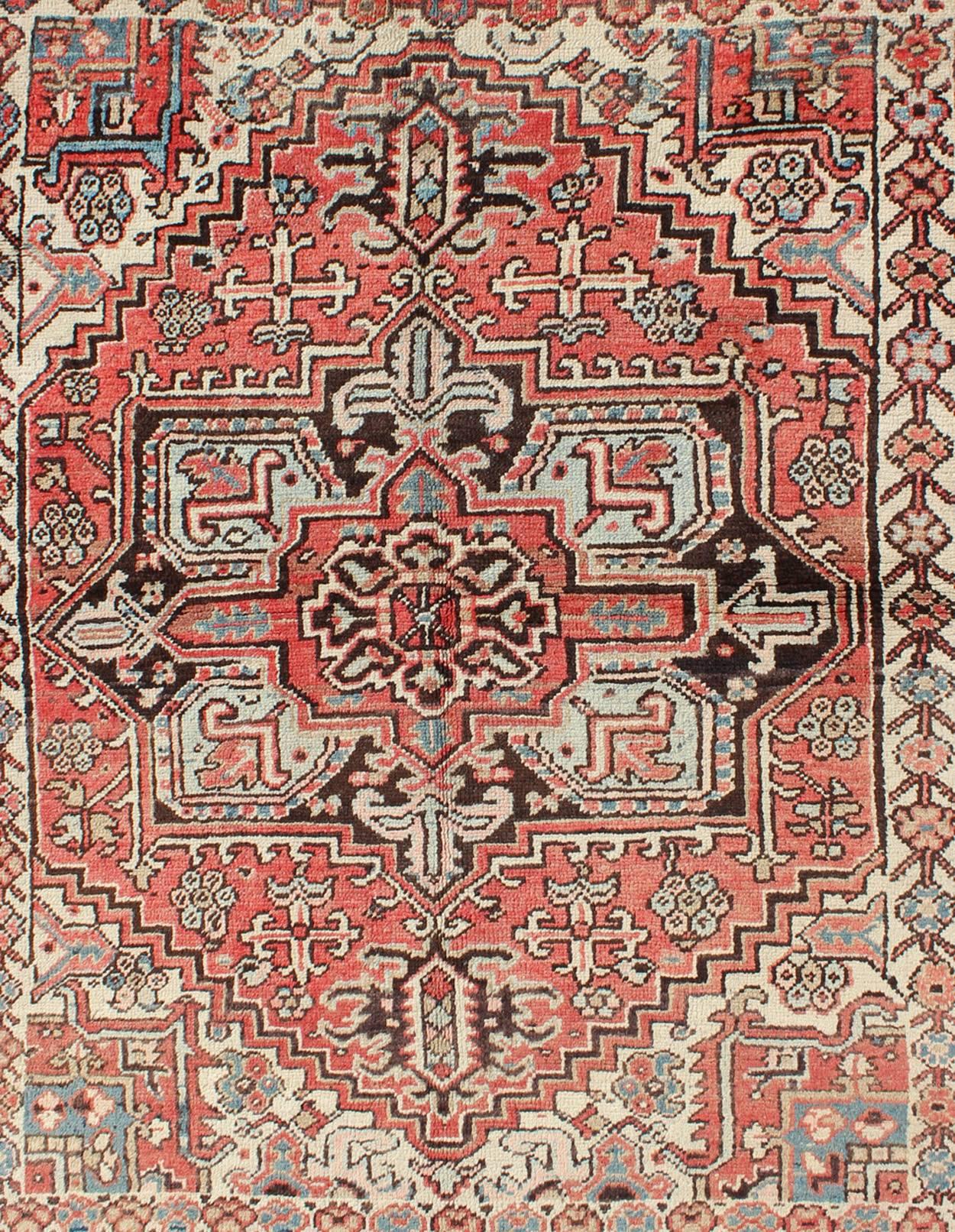 Heriz Serapi Square Size Antique Persian Small Heriz Rug with Medallion in Soft Colors For Sale