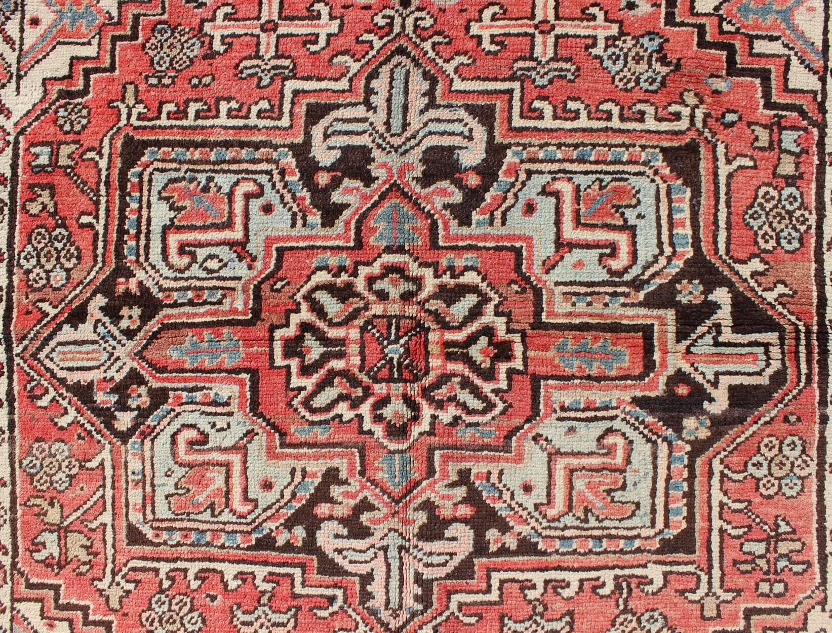 Mid-20th Century Square Size Antique Persian Small Heriz Rug with Medallion in Soft Colors For Sale