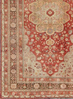 Antique Turkish Oushak Rug with Coral Red Field and Pale Gold Medallion
