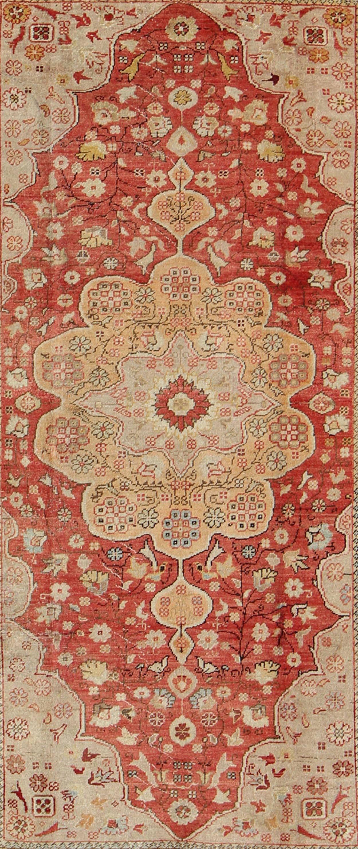 Turkish Antique Oushak Rug in Soft Red, Brown and Tan For Sale