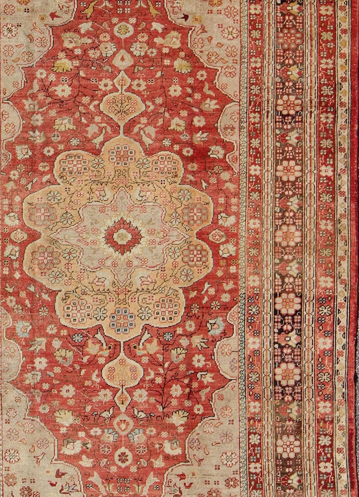 Hand-Knotted Antique Oushak Rug in Soft Red, Brown and Tan For Sale
