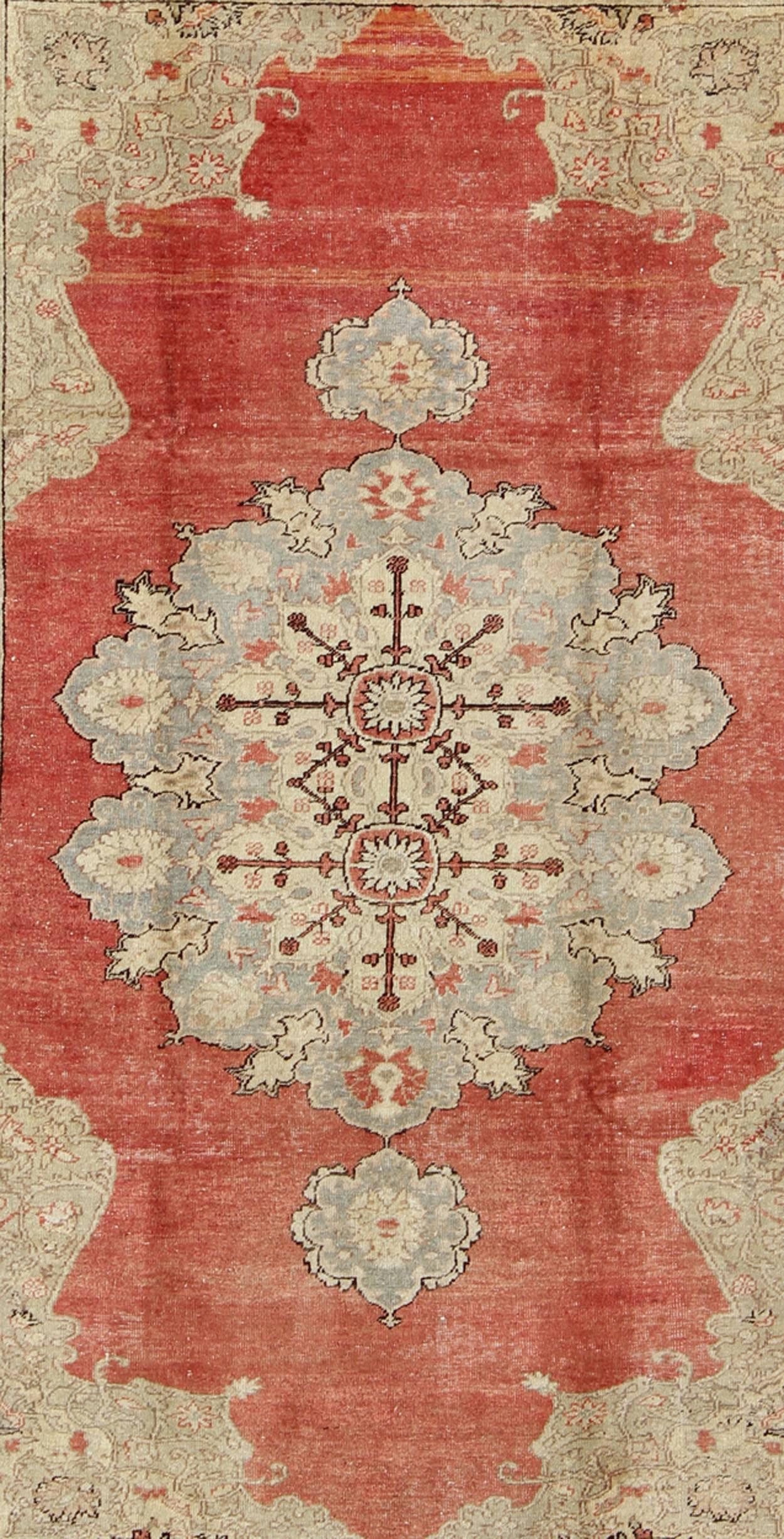 Oushak Classic Turkish Medallion Antique Sivas  Rug With Coral Red Field & Light Green For Sale