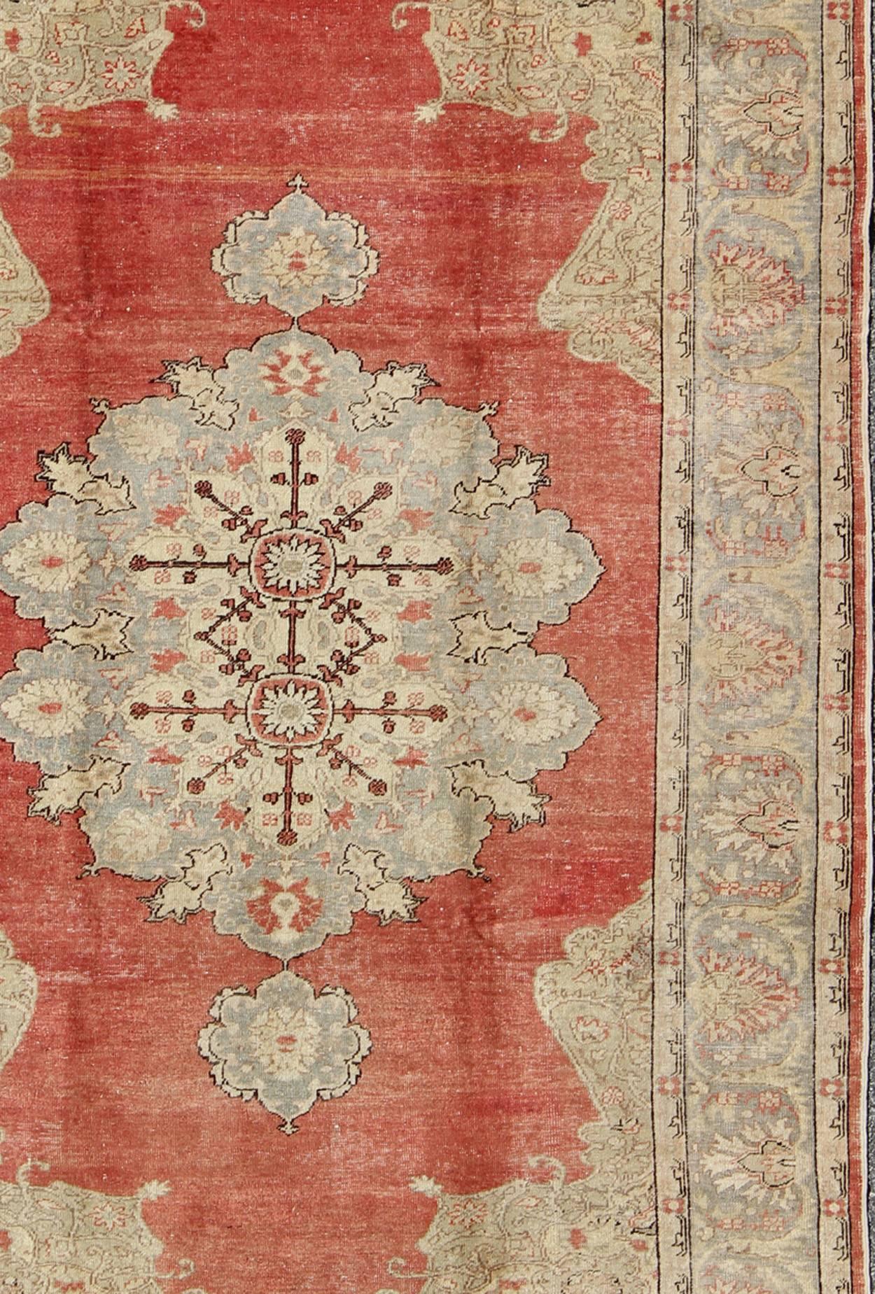 Hand-Knotted Classic Turkish Medallion Antique Sivas  Rug With Coral Red Field & Light Green For Sale