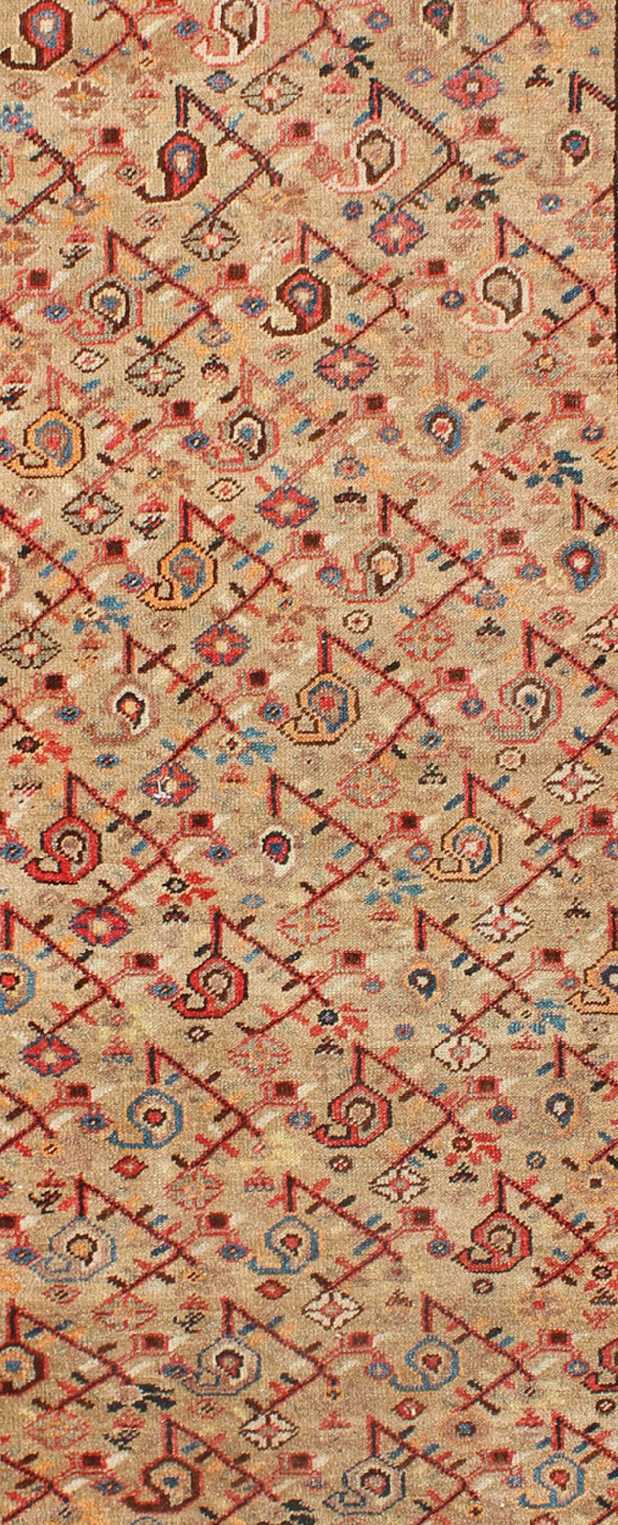 Hand-Knotted Antique N.W. Persian Malayer Rug with Free-Flowing All-Over Pattern, Sand Field For Sale
