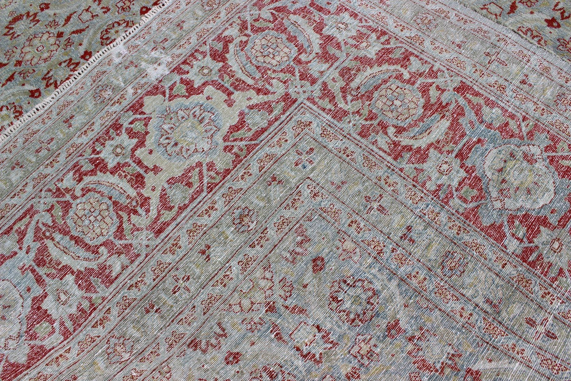 All-Over Floral Design Antique Persian Tabriz Rug in Shades of Gray-Blue and Red For Sale 1