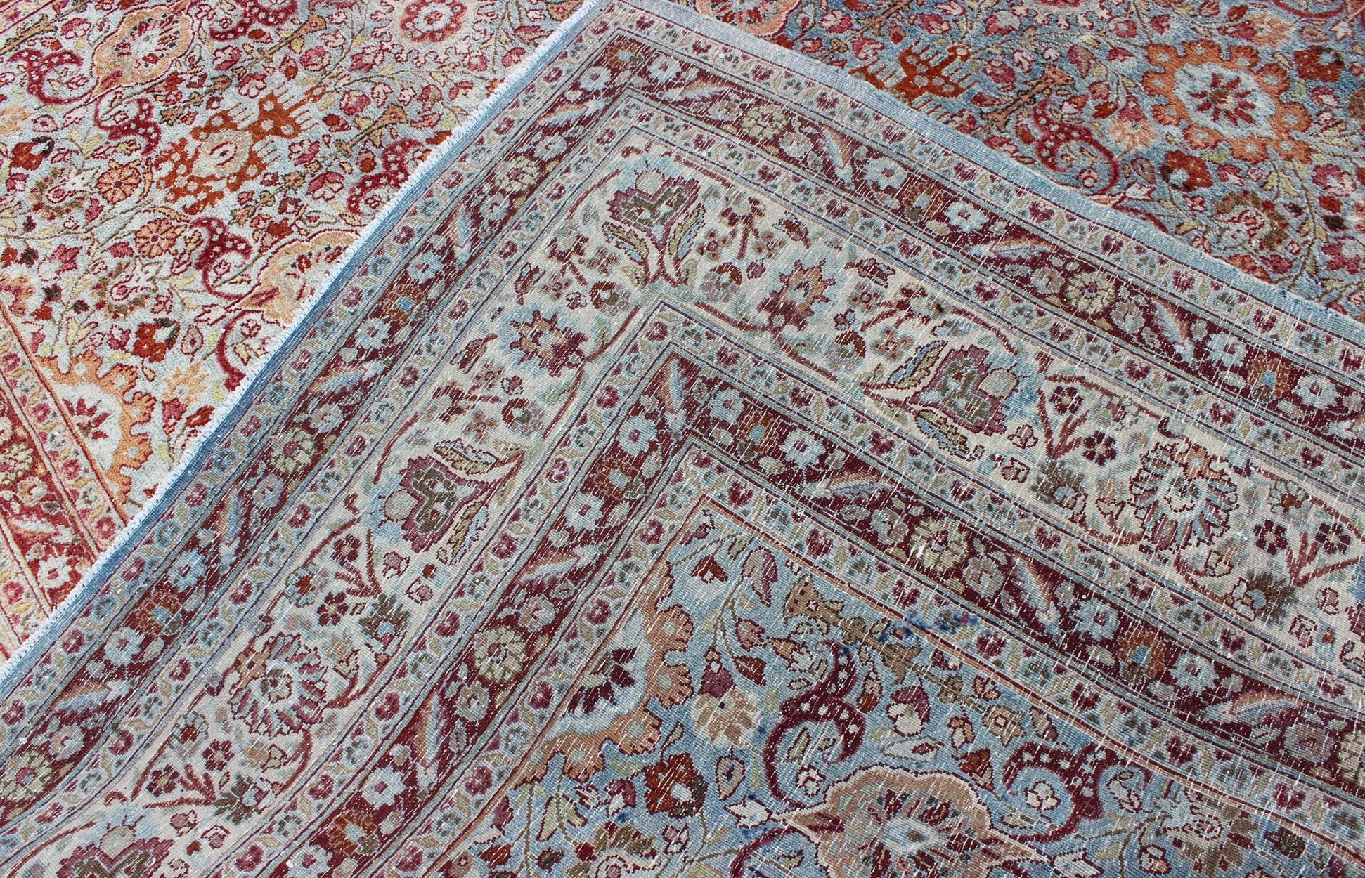 Early 20th Century Ornate Floral Pattern Khorassan Antique Persian Rug in Burgundy & Gray For Sale