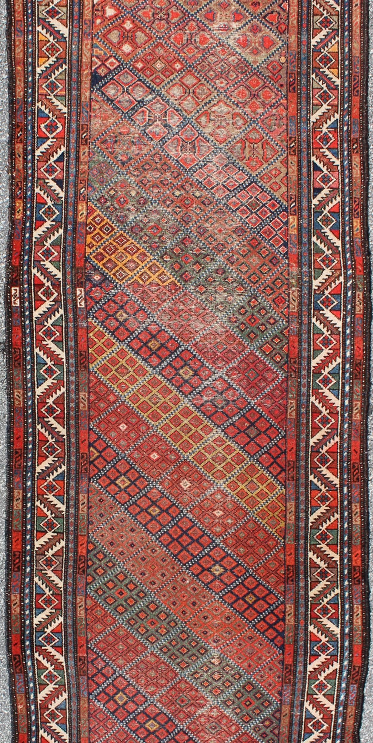 Hand-Knotted Antique Persian Malayer Runner with Diagonal Diamond Sub-Geometric Design For Sale