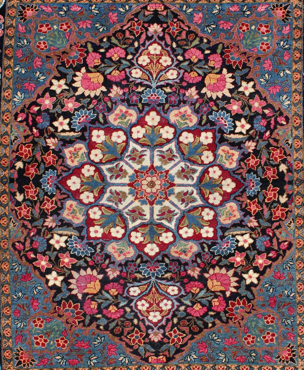 Kirman Blooming Floral Medallion Vintage Persian Kerman Rug with Multi-Colors For Sale