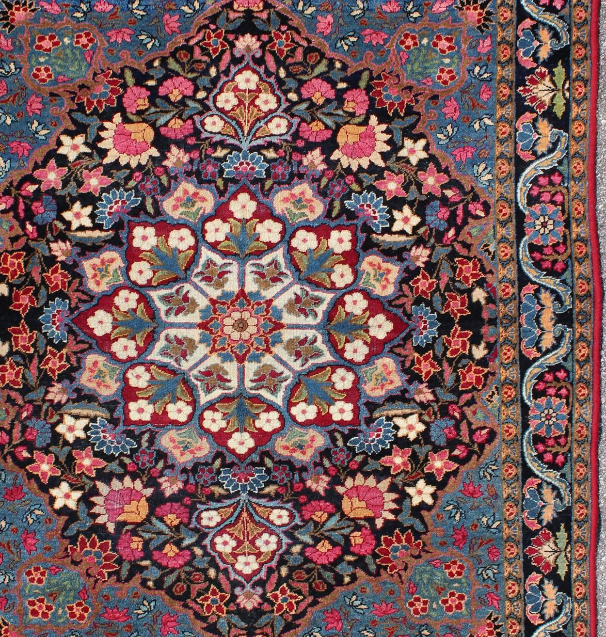 Hand-Knotted Blooming Floral Medallion Vintage Persian Kerman Rug with Multi-Colors For Sale