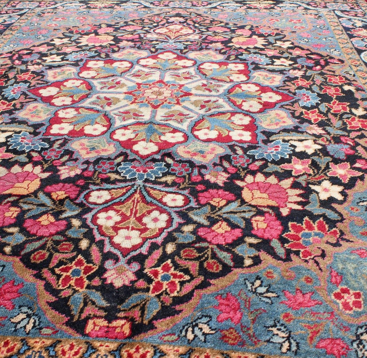 Blooming Floral Medallion Vintage Persian Kerman Rug with Multi-Colors In Excellent Condition For Sale In Atlanta, GA