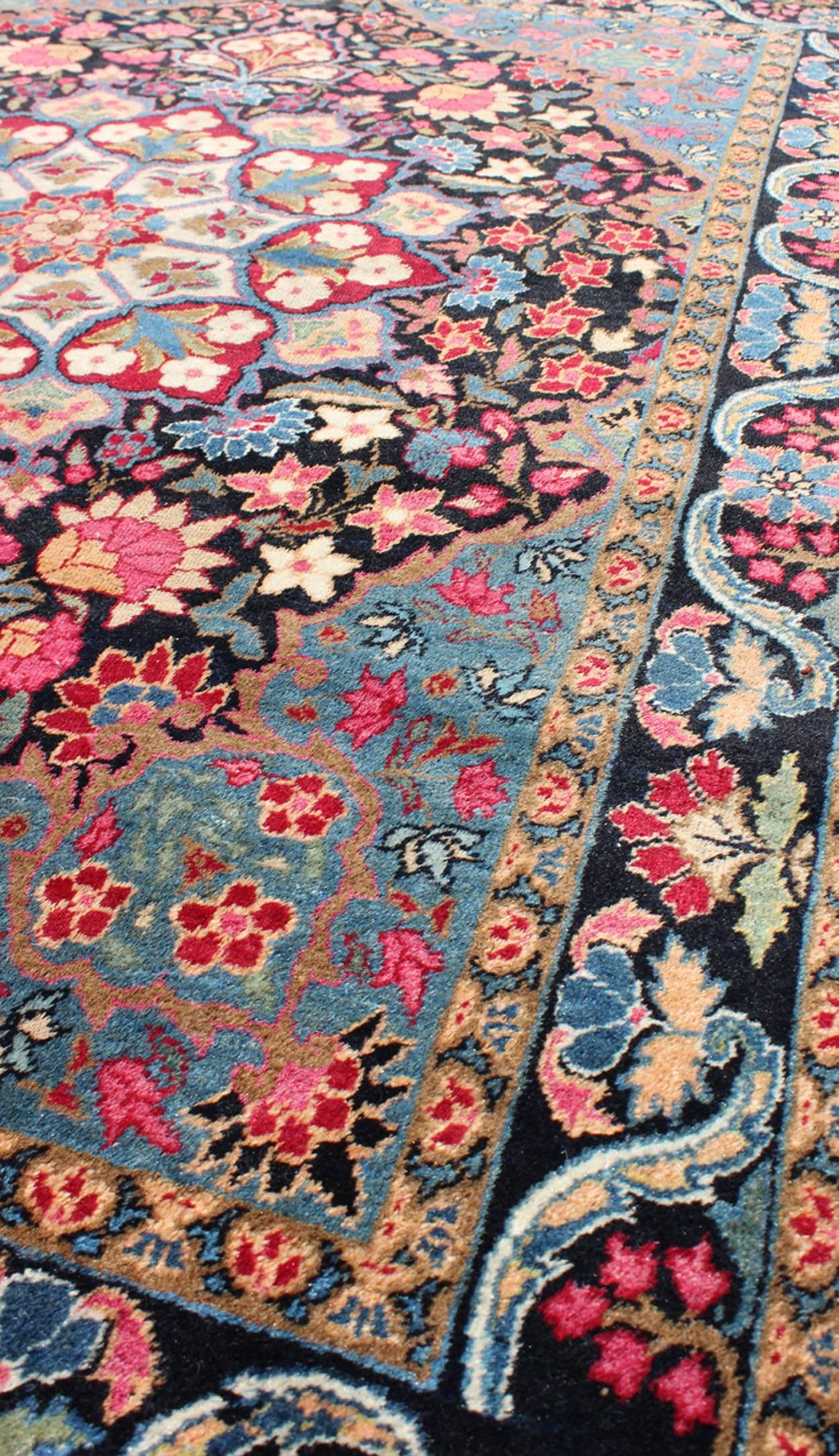 Mid-20th Century Blooming Floral Medallion Vintage Persian Kerman Rug with Multi-Colors For Sale
