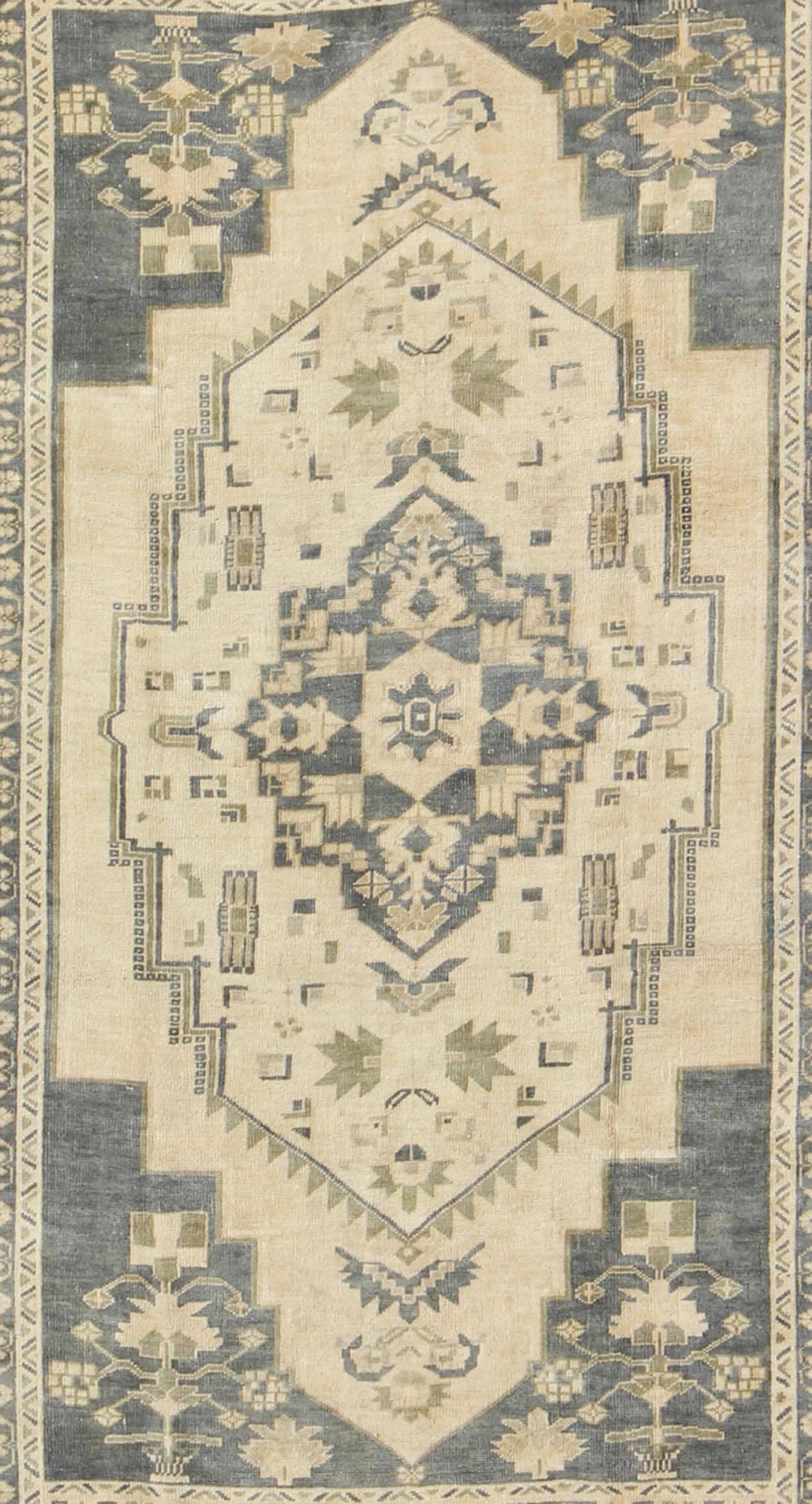 Hand-Knotted Blue Gray and Cream Mid-20th Century Turkish Oushak Rug with Medallion, Cornices