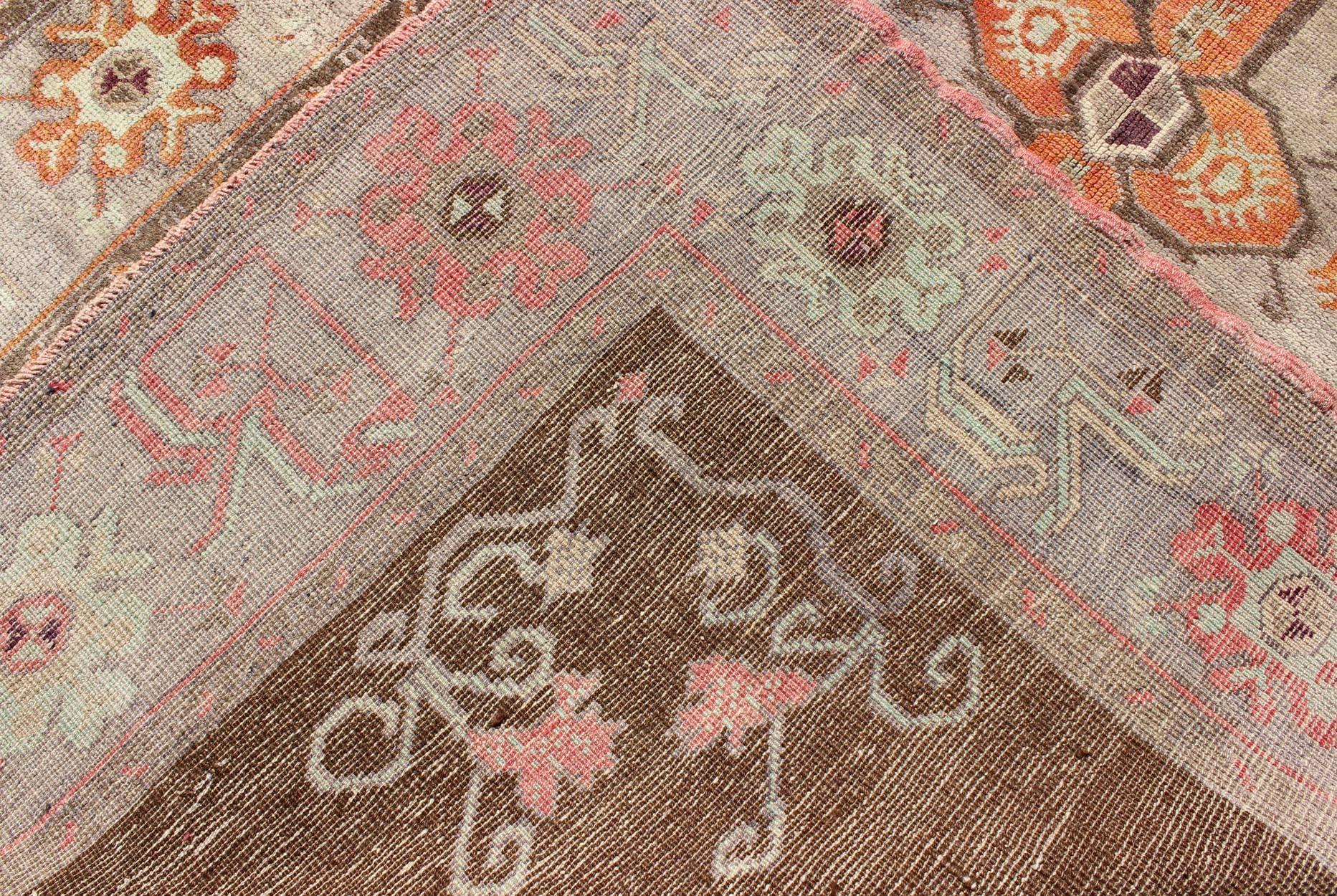 Wool Vintage Turkish Oushak Rug in Chocolate Brown, Gray, Taupe and Burnt Orange For Sale