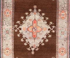 Vintage Turkish Oushak Rug in Chocolate Brown, Gray, Taupe and Burnt Orange
