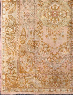 Antique Oushak Rug with Floral Pattern in Pink, Orange and Light Green