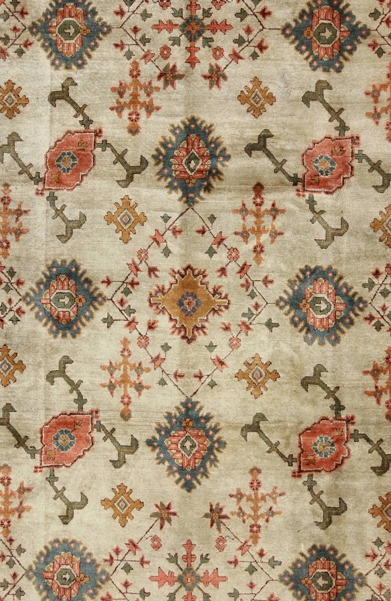 Hand-Knotted Antique Turkish Oushak Rug With All Over Design in Teal, Cream & Coral For Sale