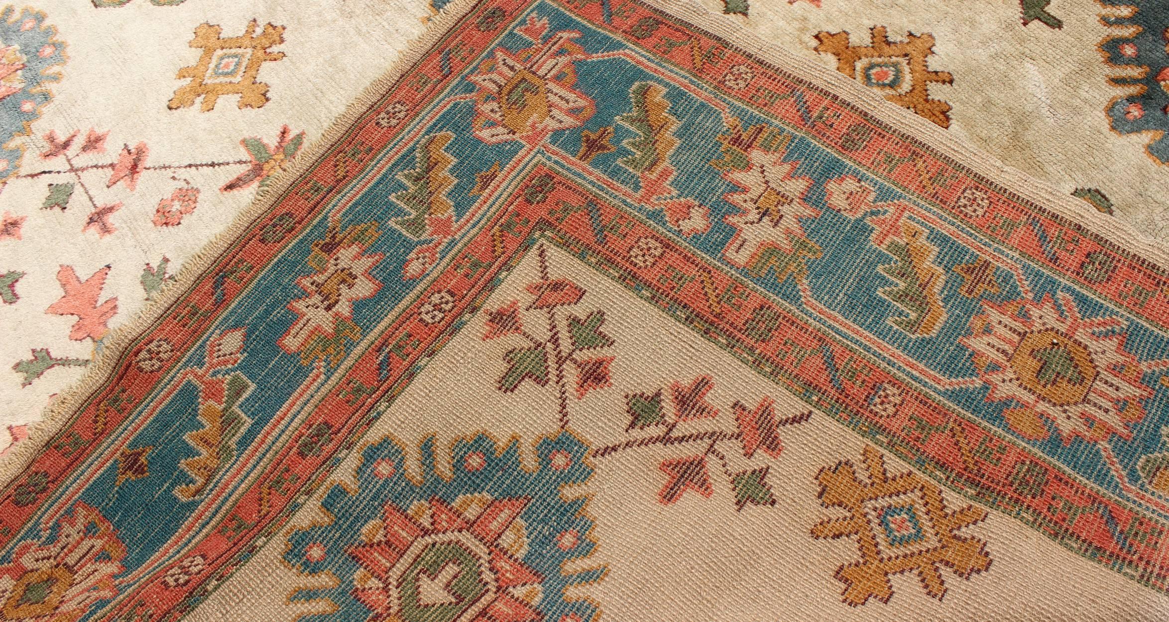 Antique Turkish Oushak Rug With All Over Design in Teal, Cream & Coral 1
