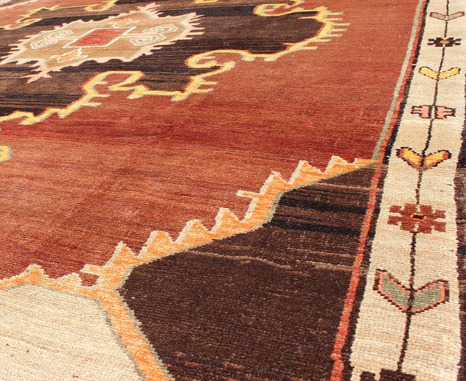 Bold Design Vintage Turkish Rug in Sienna, Brown, Back, Cream and Yellow In Excellent Condition In Atlanta, GA