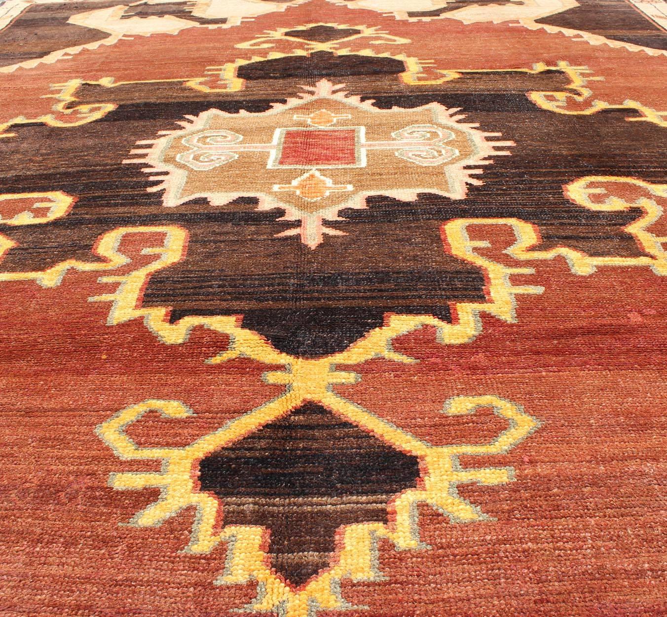 20th Century Bold Design Vintage Turkish Rug in Sienna, Brown, Back, Cream and Yellow