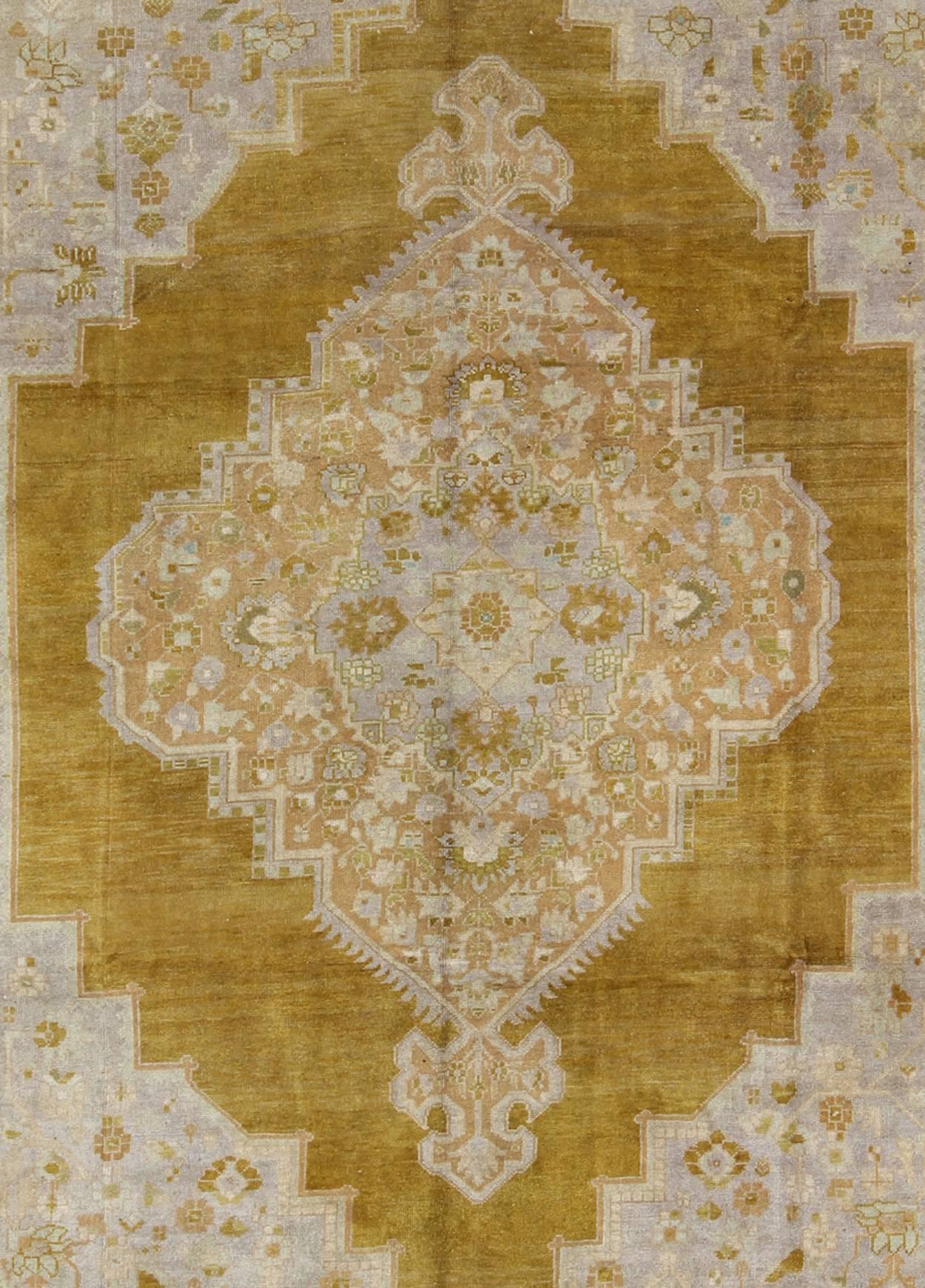 Hand-Knotted Vintage Turkish Oushak Rug in Saturated Gold And Warm Neutral Colors