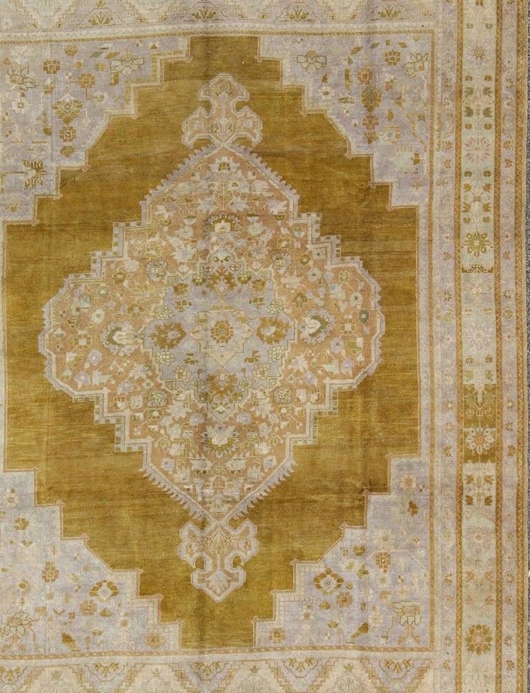 Unique Vintage Oushak Rug in Saturated Gold, Baby Blue and Warm Neutral
