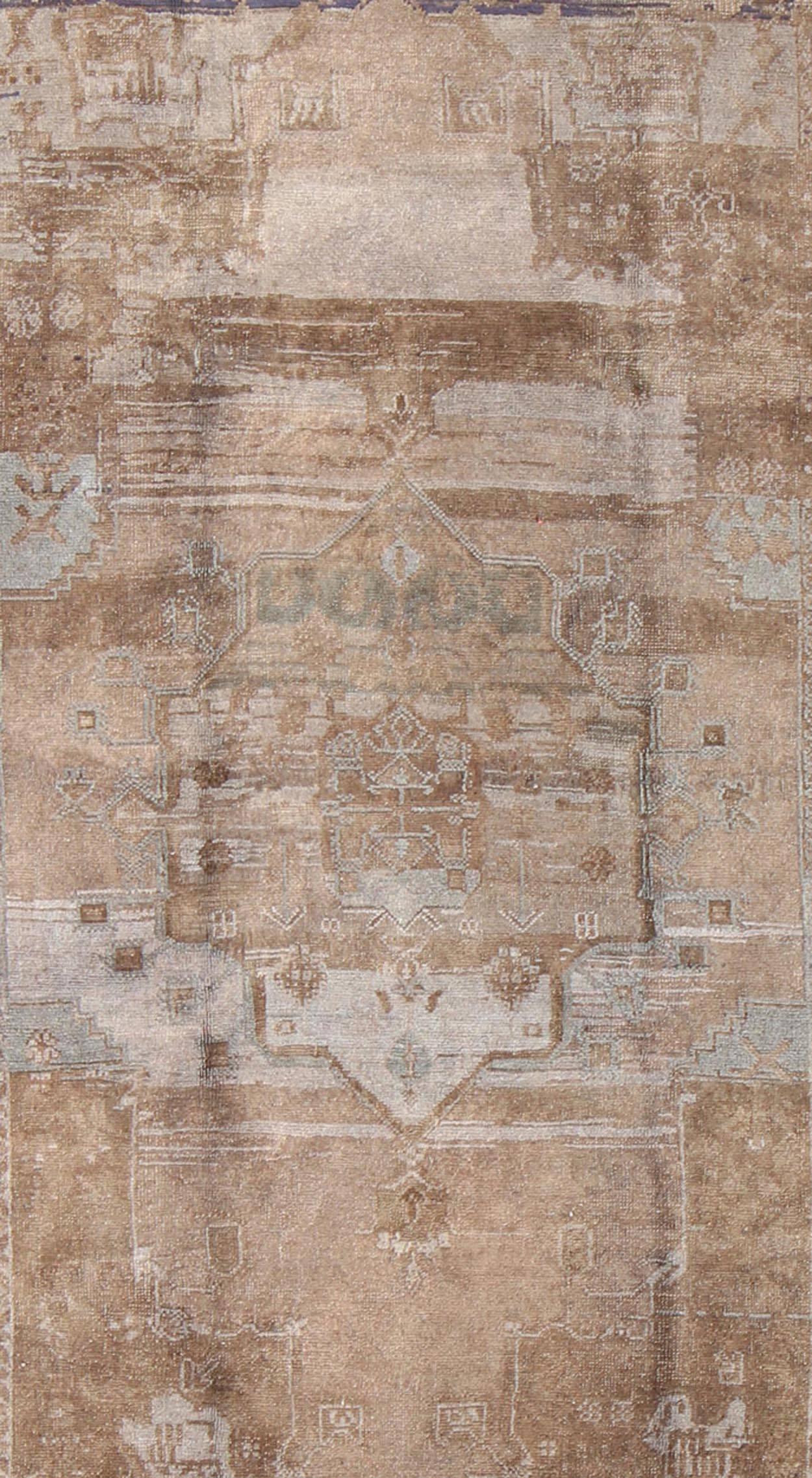 Turkish Faded Brown and Gray Vintage Oushak Rug from Turkey with Medallion Design For Sale