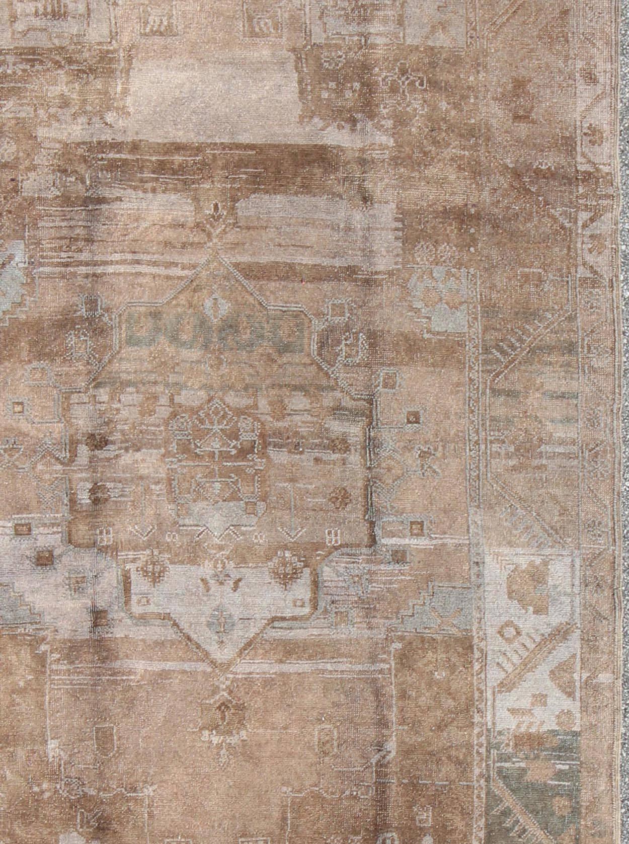 Hand-Knotted Faded Brown and Gray Vintage Oushak Rug from Turkey with Medallion Design For Sale