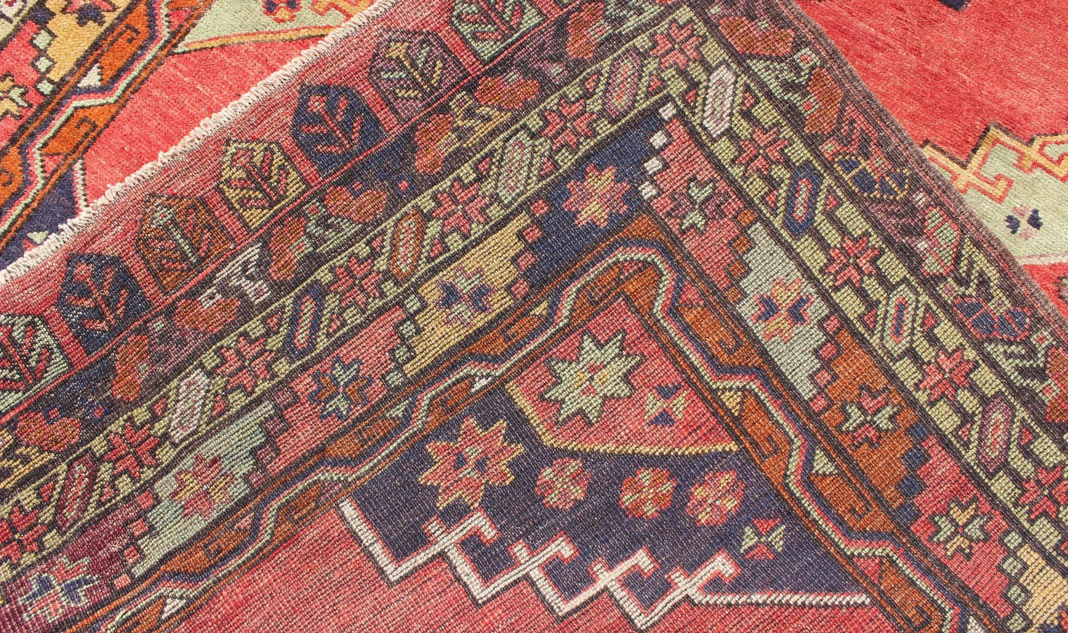 Red Field Vintage Turkish Oushak Rug with Vertical Geometric Medallions For Sale 1