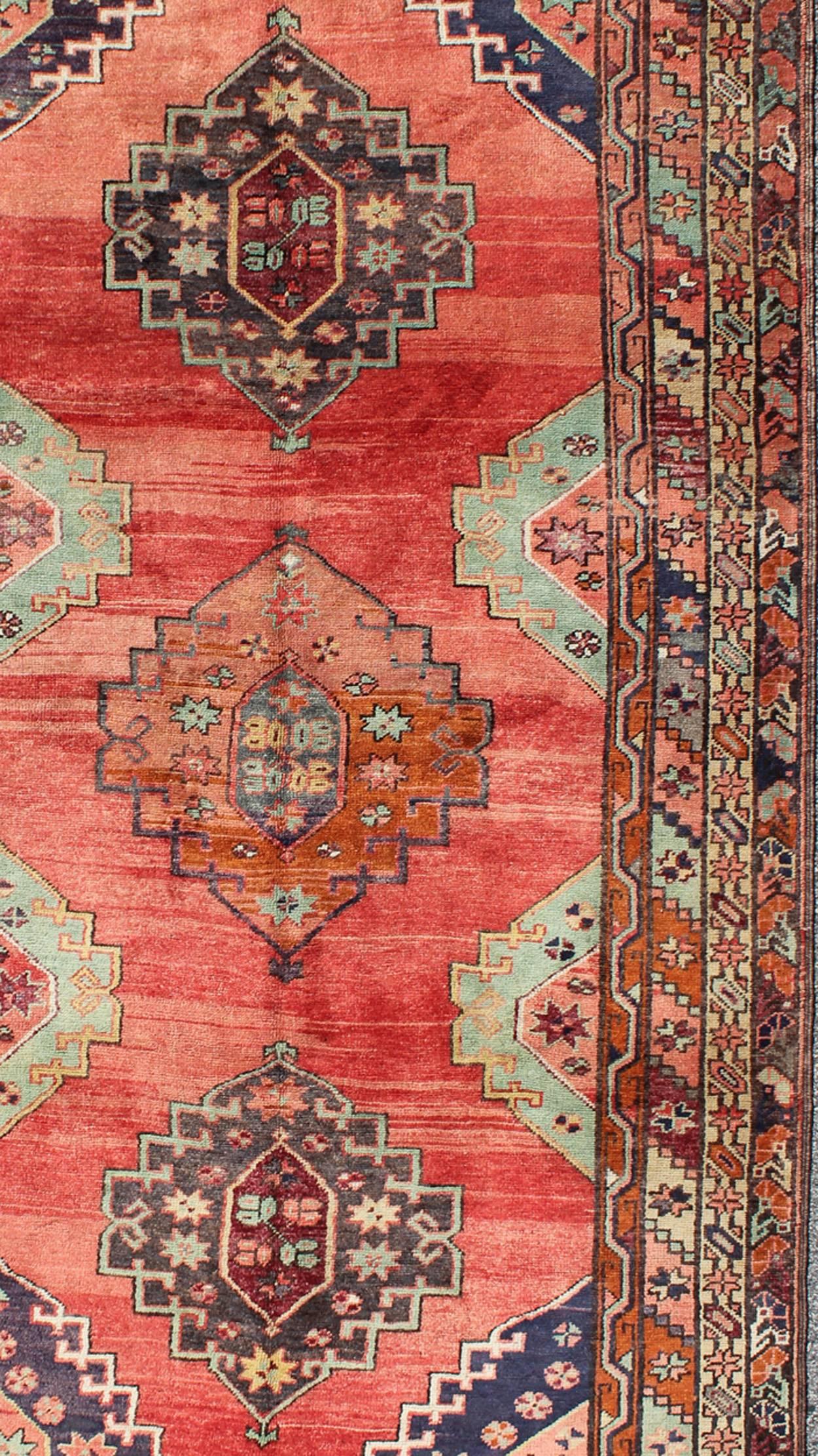 Hand-Knotted Red Field Vintage Turkish Oushak Wide Runner with Geometric Design For Sale