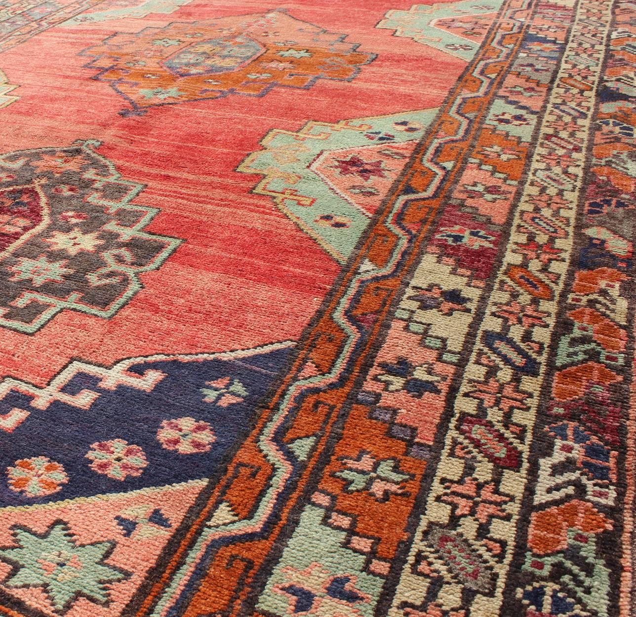 Red Field Vintage Turkish Oushak Wide Runner with Geometric Design In Excellent Condition For Sale In Atlanta, GA