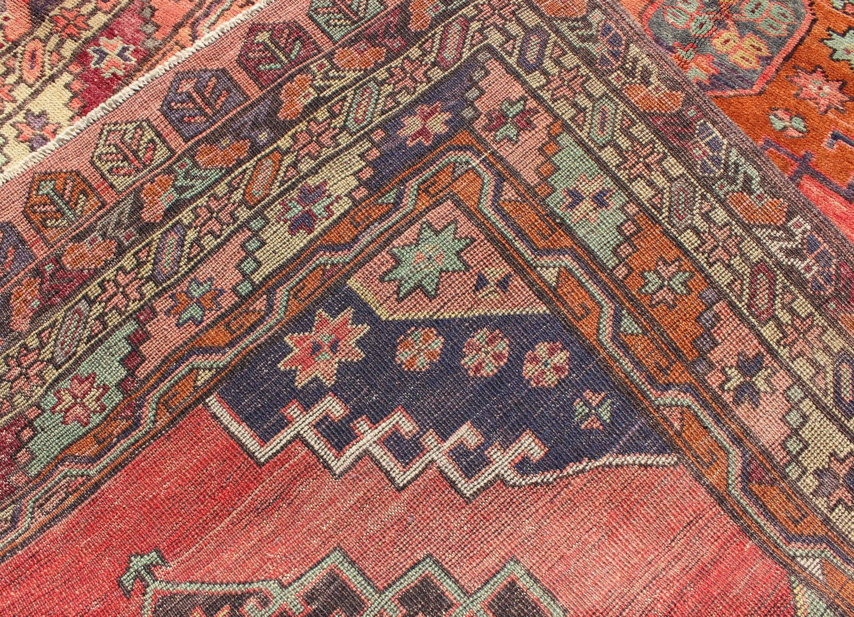 Wool Red Field Vintage Turkish Oushak Wide Runner with Geometric Design For Sale