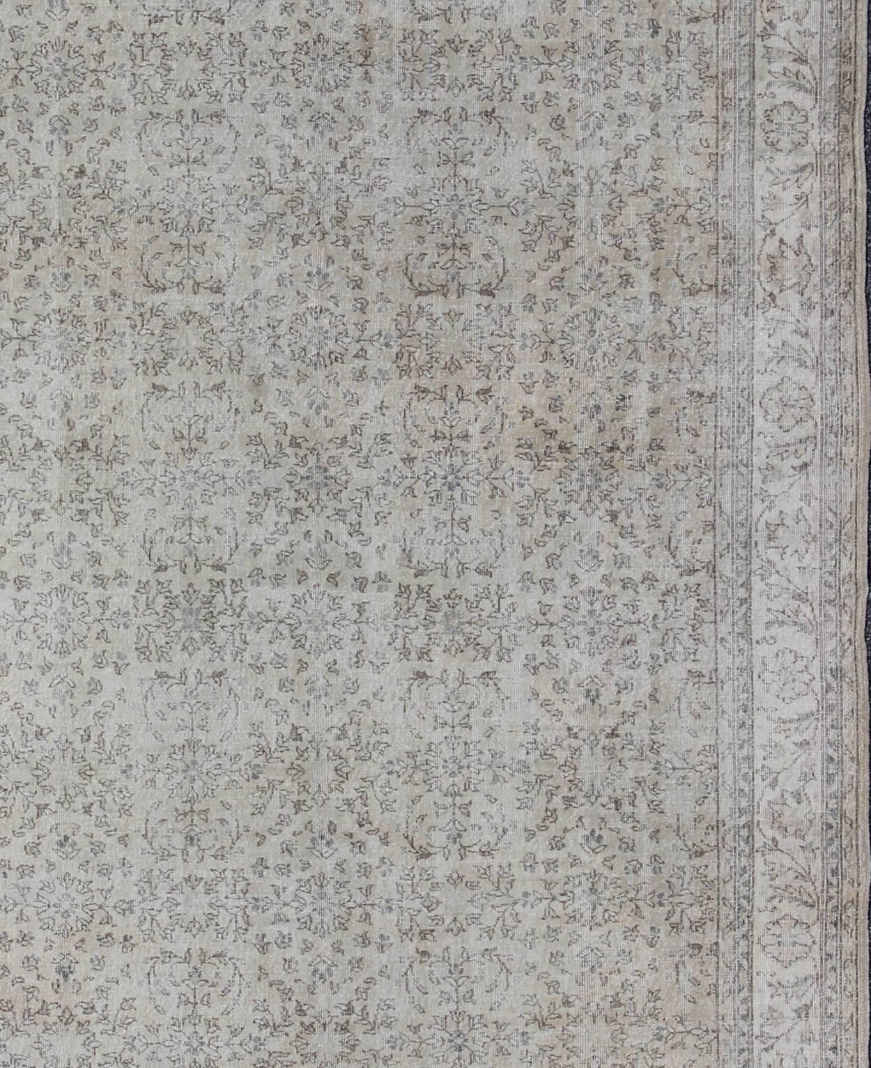 Hand-Knotted Neutral Colors Turkish Vintage Rug with Beautiful, Intricate Floral Design For Sale
