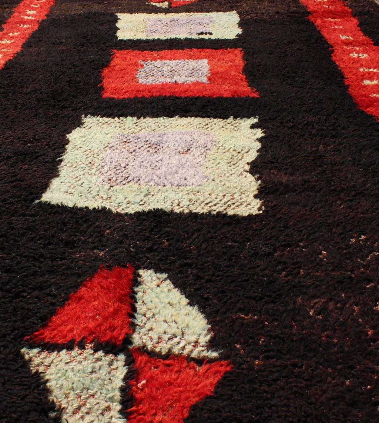 Hand-Knotted Modern Mid-20th Century Turkish Tulu Rug with Geometric Shapes in Vivid Red For Sale