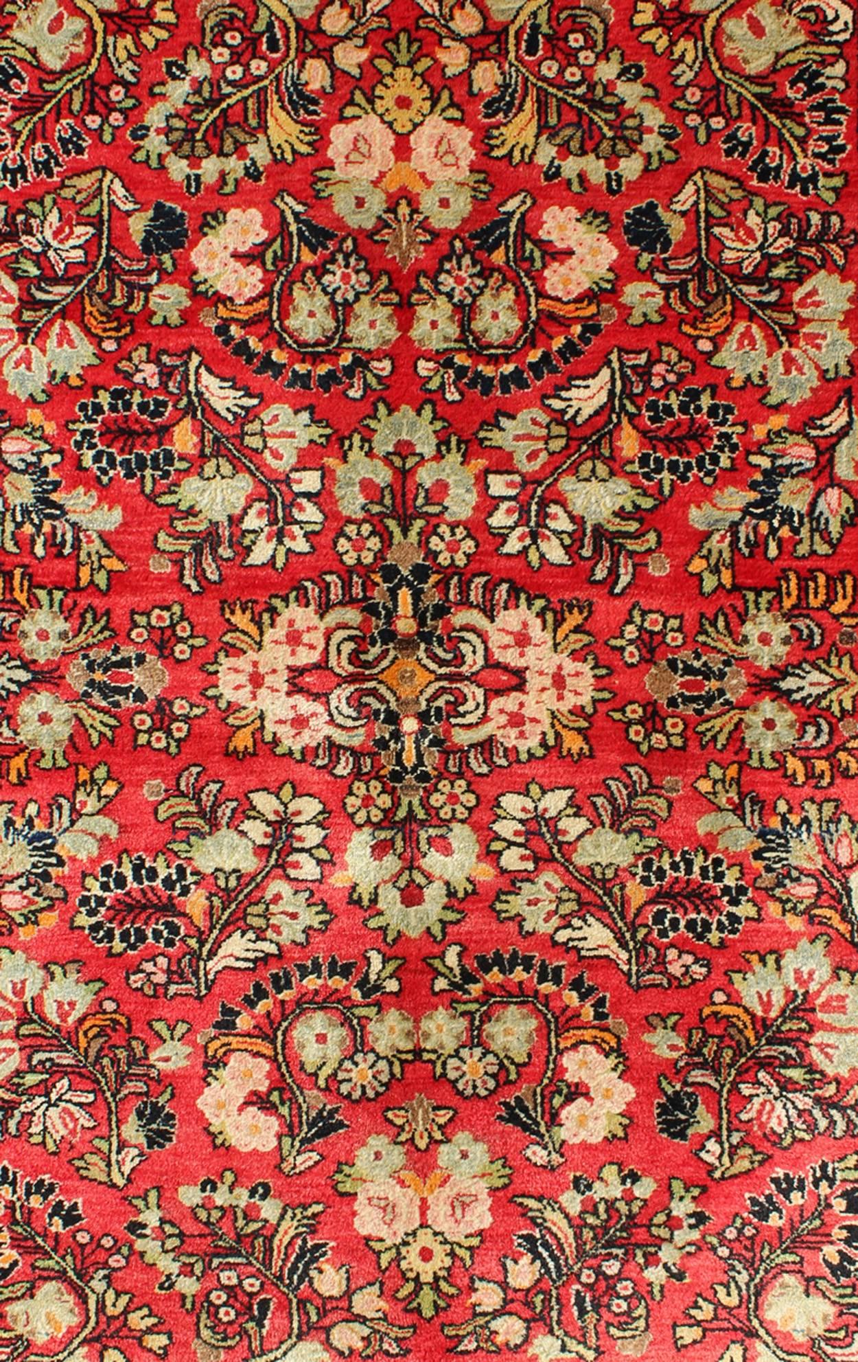Sarouk Farahan Vintage Persian Sarouk Rug with All-Over Floral Design in Rich Red, Onyx Black For Sale