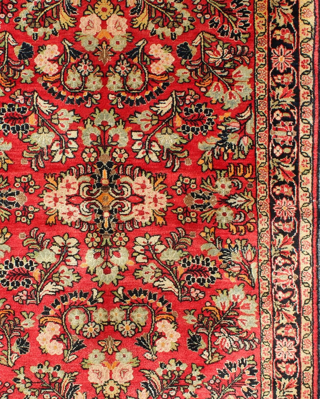 Hand-Knotted Vintage Persian Sarouk Rug with All-Over Floral Design in Rich Red, Onyx Black For Sale