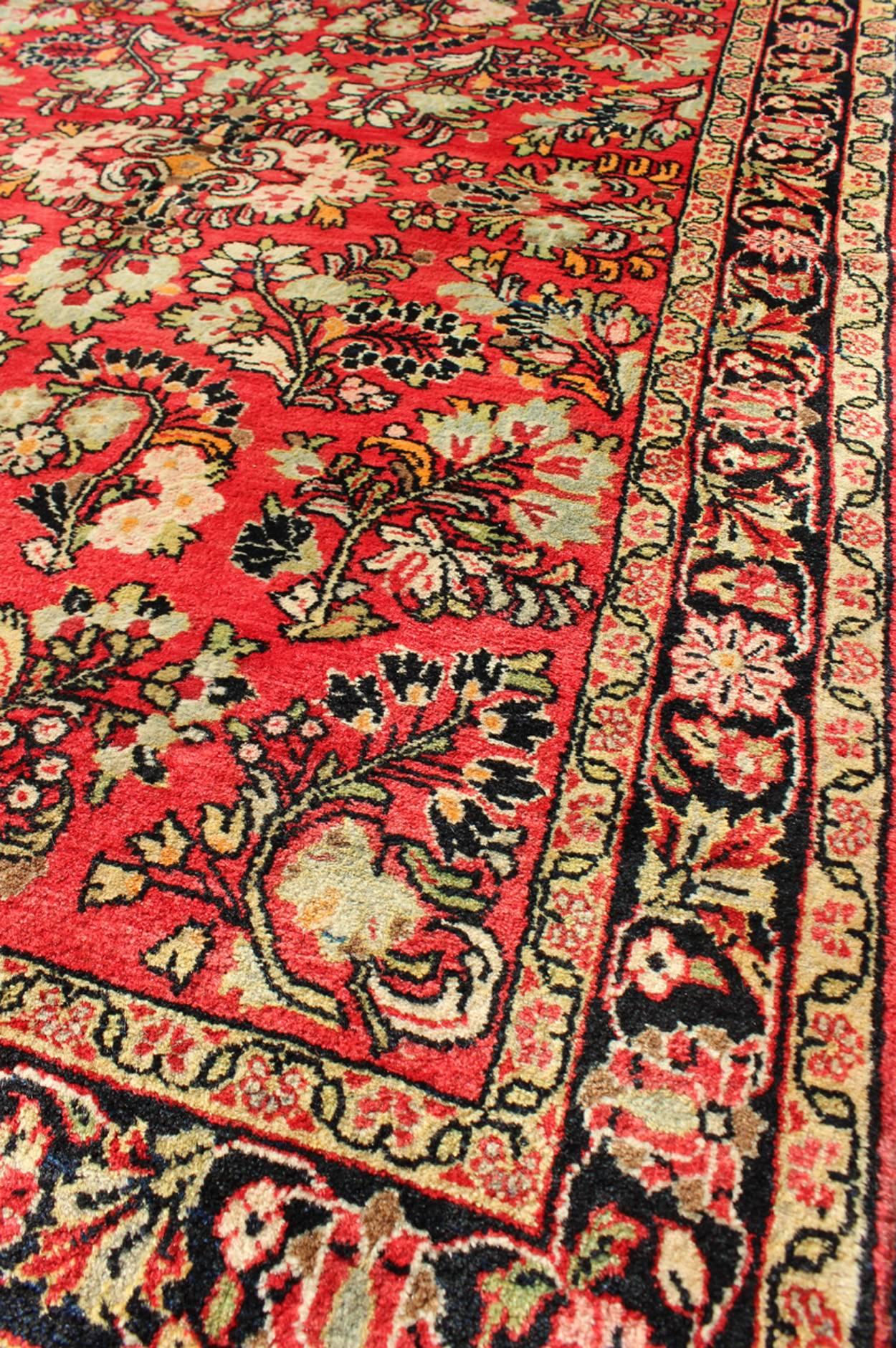 Vintage Persian Sarouk Rug with All-Over Floral Design in Rich Red, Onyx Black In Excellent Condition For Sale In Atlanta, GA