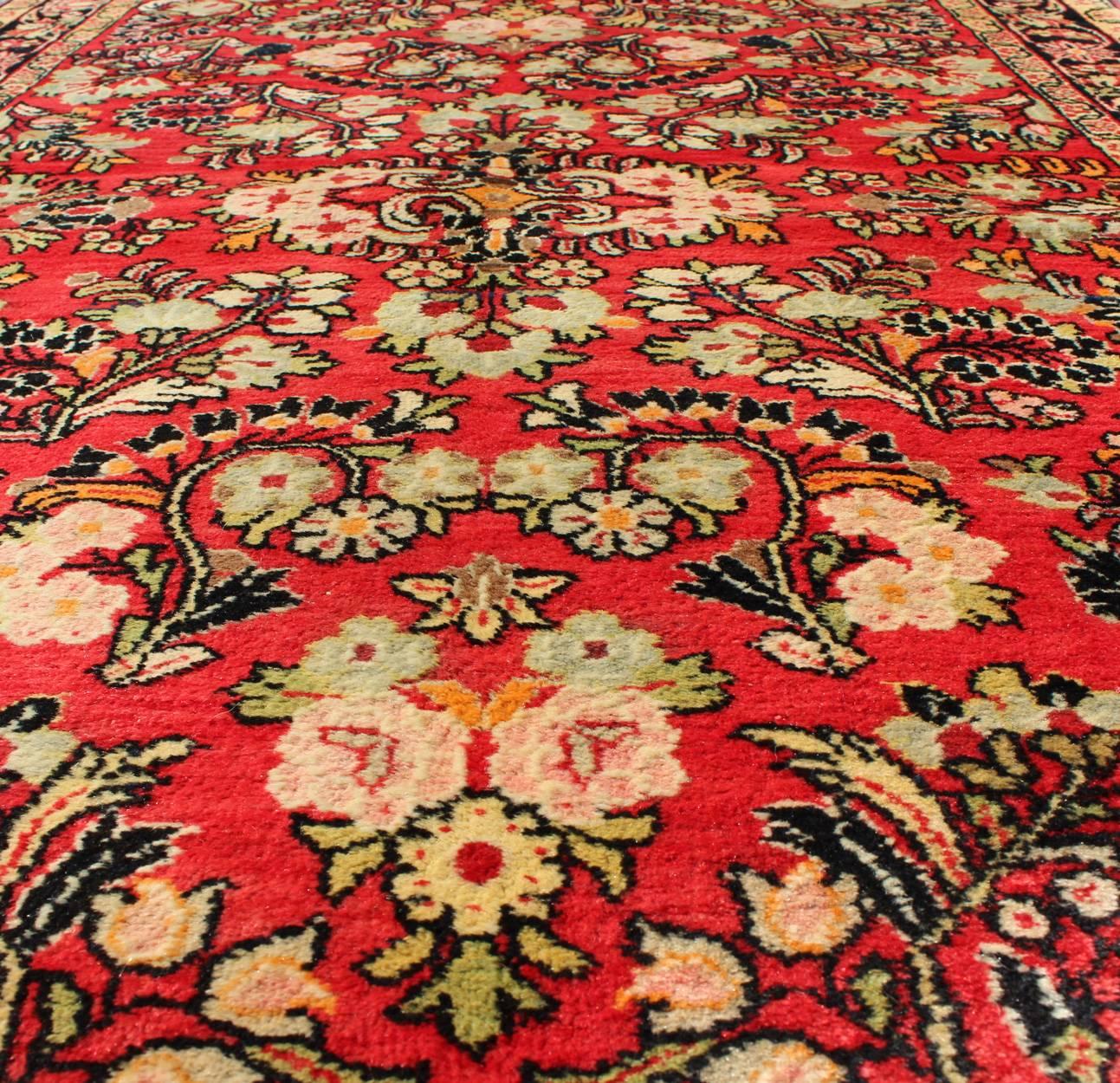 Mid-20th Century Vintage Persian Sarouk Rug with All-Over Floral Design in Rich Red, Onyx Black For Sale