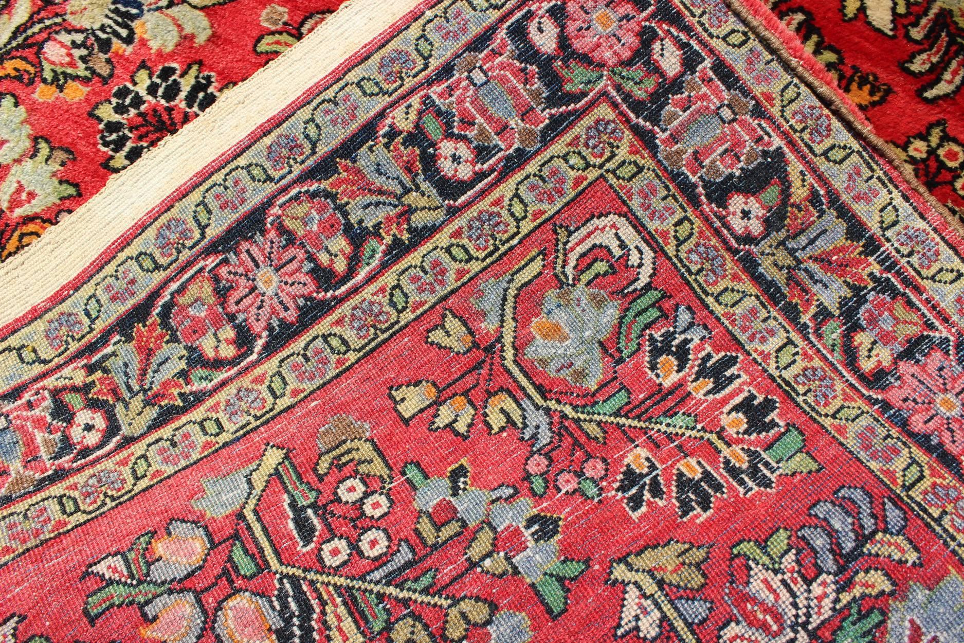 Wool Vintage Persian Sarouk Rug with All-Over Floral Design in Rich Red, Onyx Black For Sale
