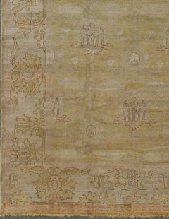 Arts & Crafts Design Vintage Rug with Light Acid Green, Blush, Pink and Brown
