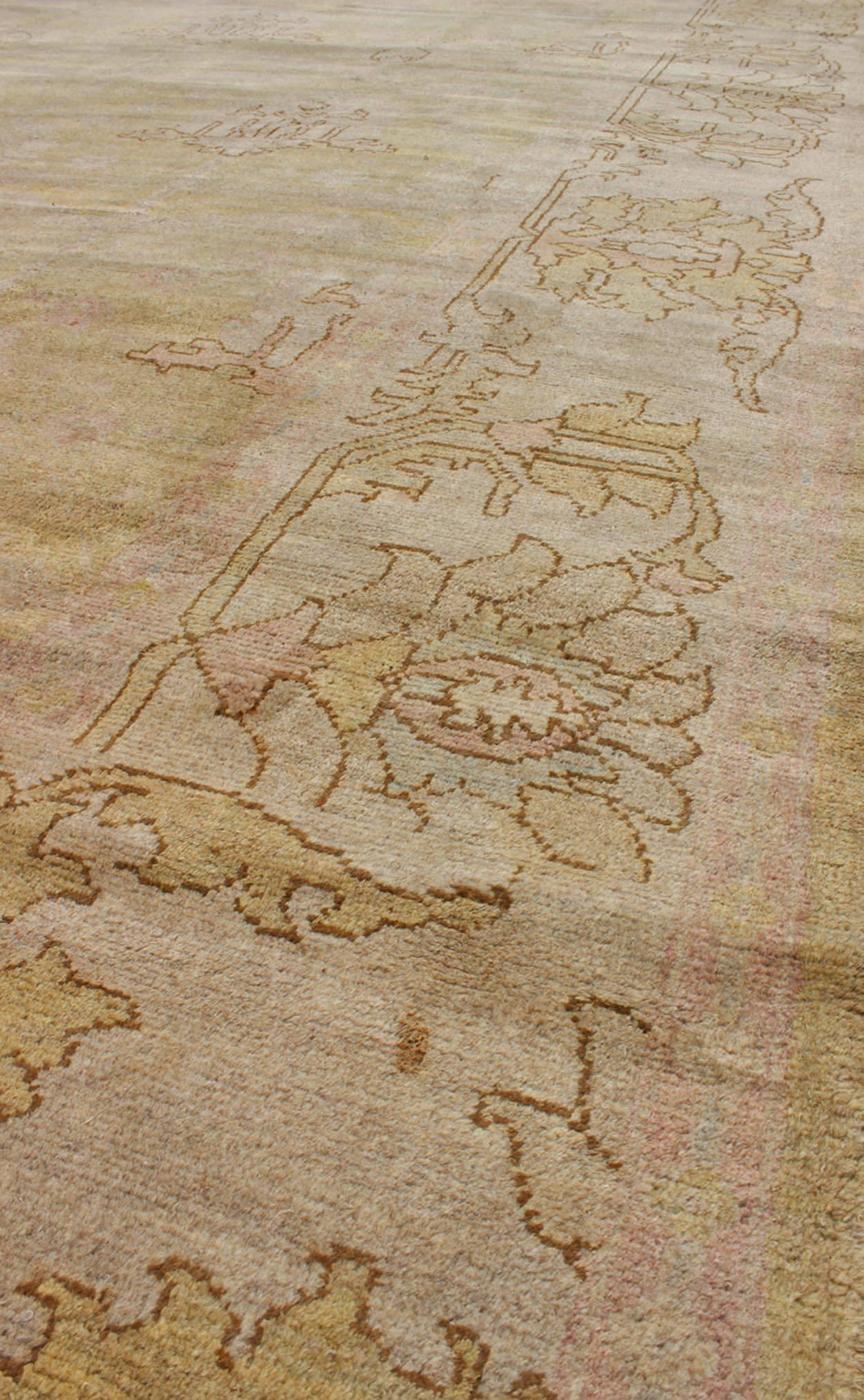 Hand-Knotted Arts & Crafts Design Vintage Rug with Light Acid Green, Blush, Pink and Brown