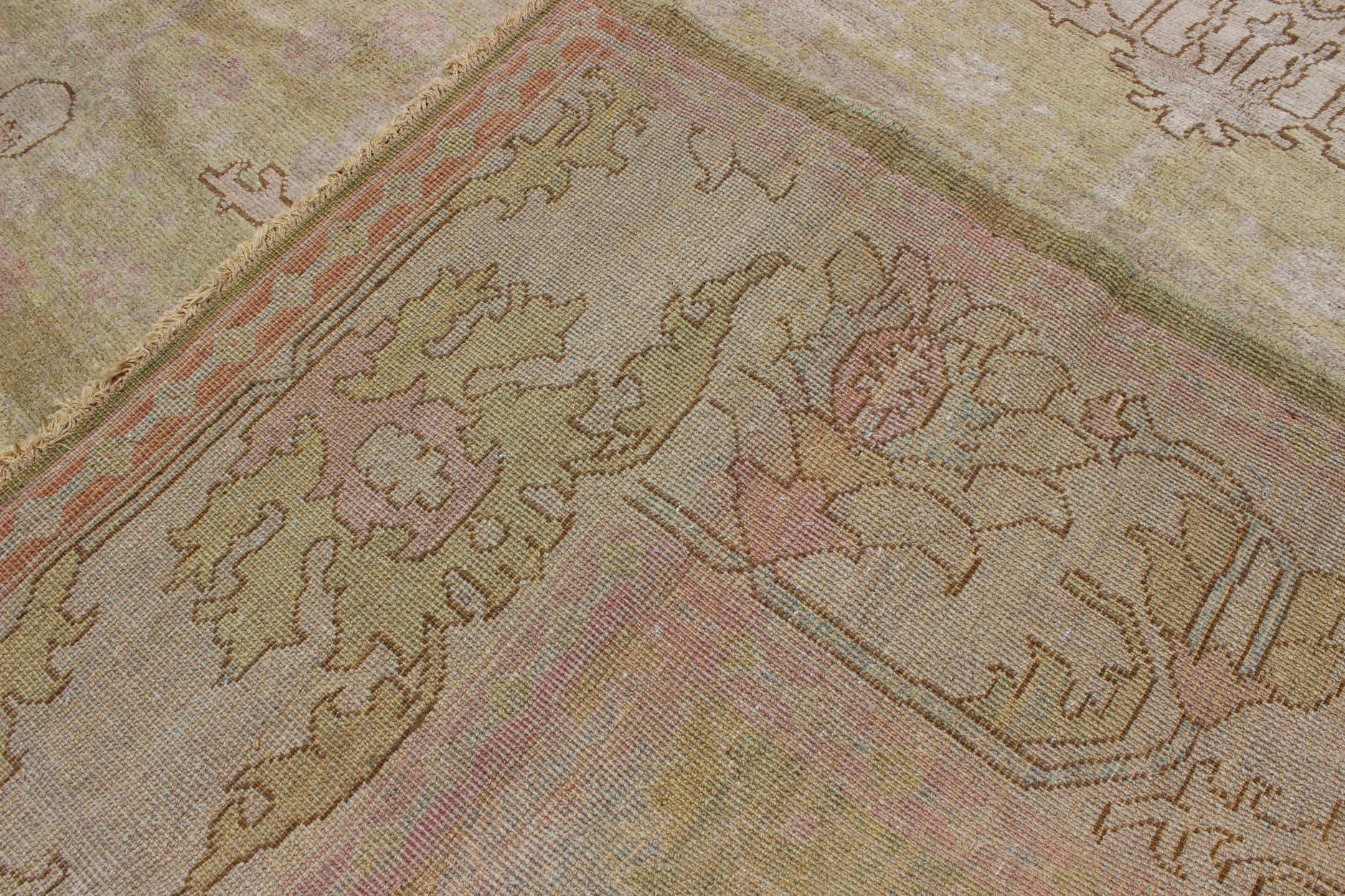 Late 20th Century Arts & Crafts Design Vintage Rug with Light Acid Green, Blush, Pink and Brown