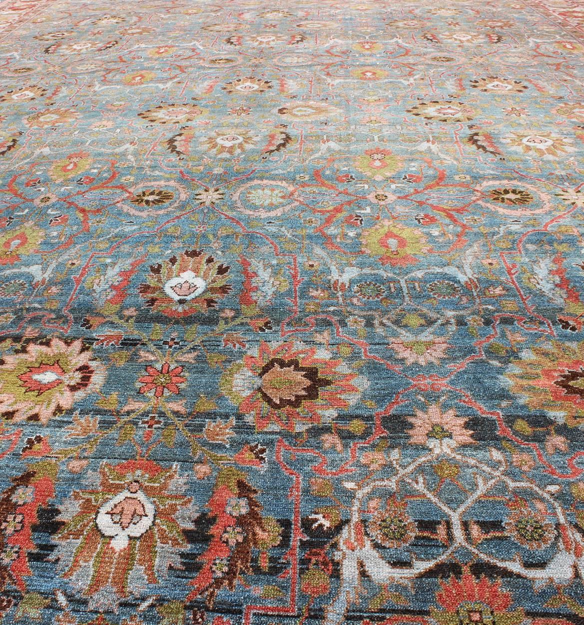 Antique Blue Background Persian Malayer Rug with Colorful Sub-Geometric Design For Sale 1