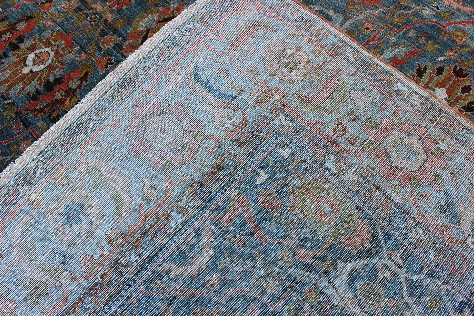 Antique Blue Background Persian Malayer Rug with Colorful Sub-Geometric Design For Sale 3