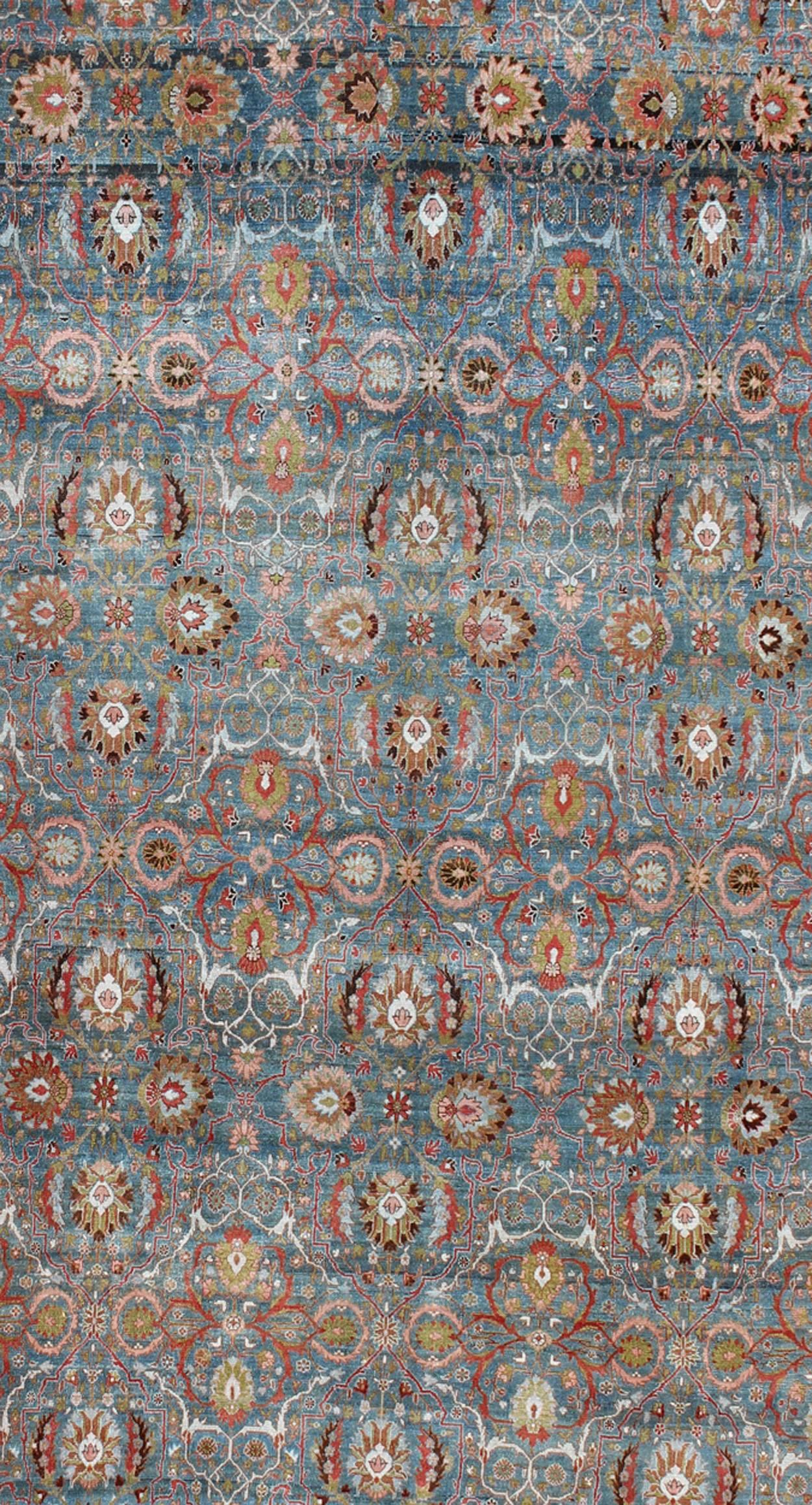 Antique Blue Background Persian Malayer Rug with Colorful Sub-Geometric Design In Excellent Condition For Sale In Atlanta, GA