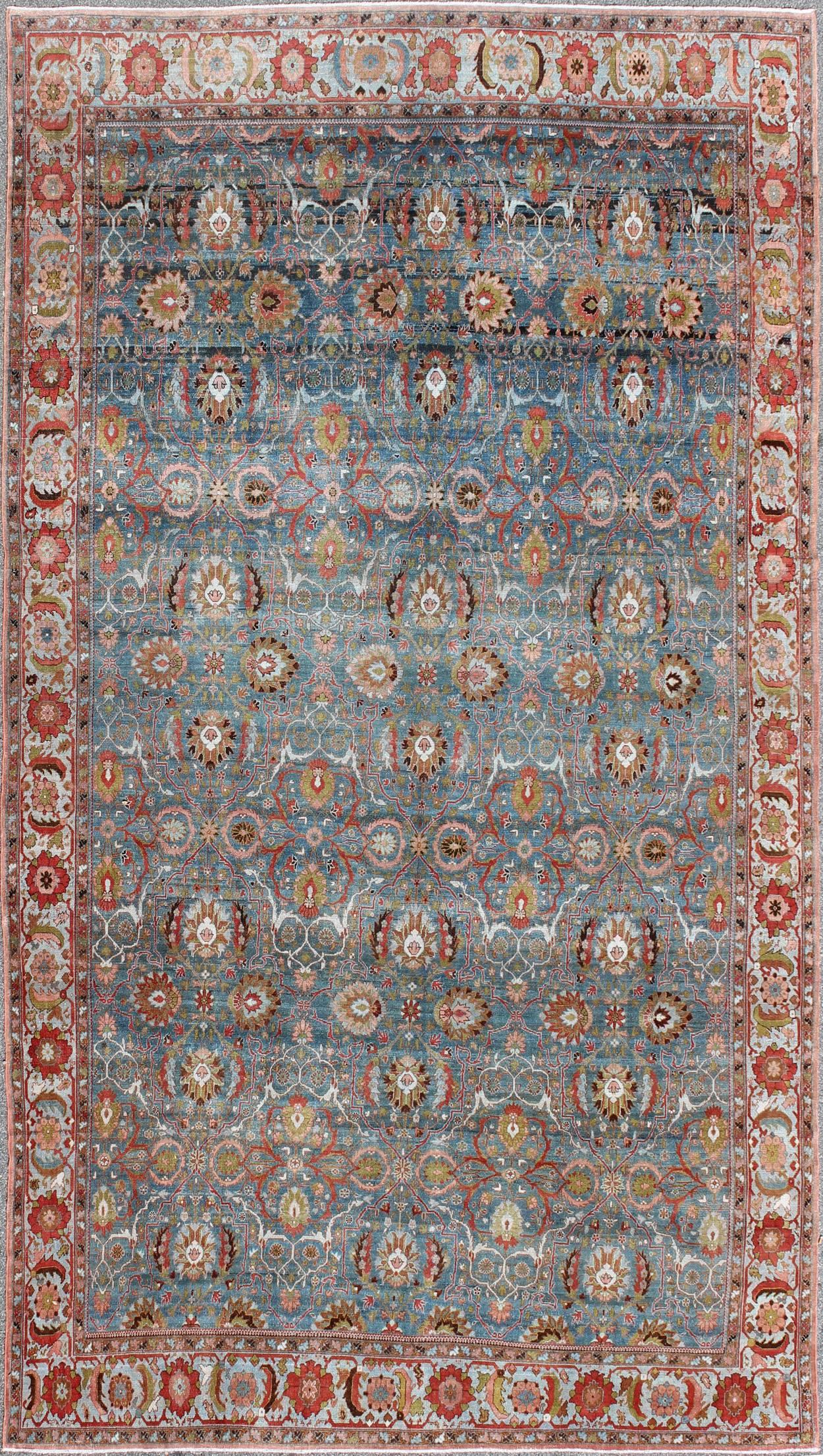 Wool Antique Blue Background Persian Malayer Rug with Colorful Sub-Geometric Design For Sale